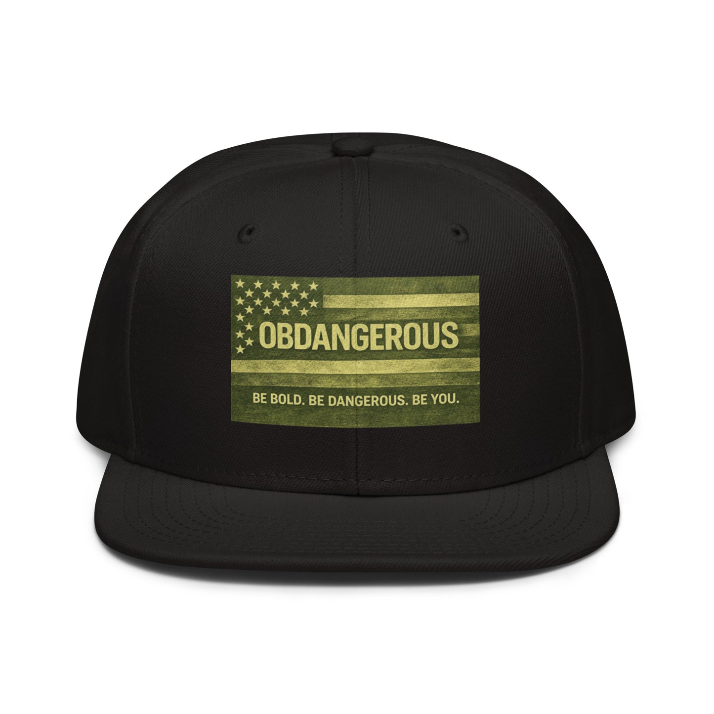 Black embroidered snapback hat by OB DANGEROUS with a flat brim, perfect for gym, streetwear, and casual style.