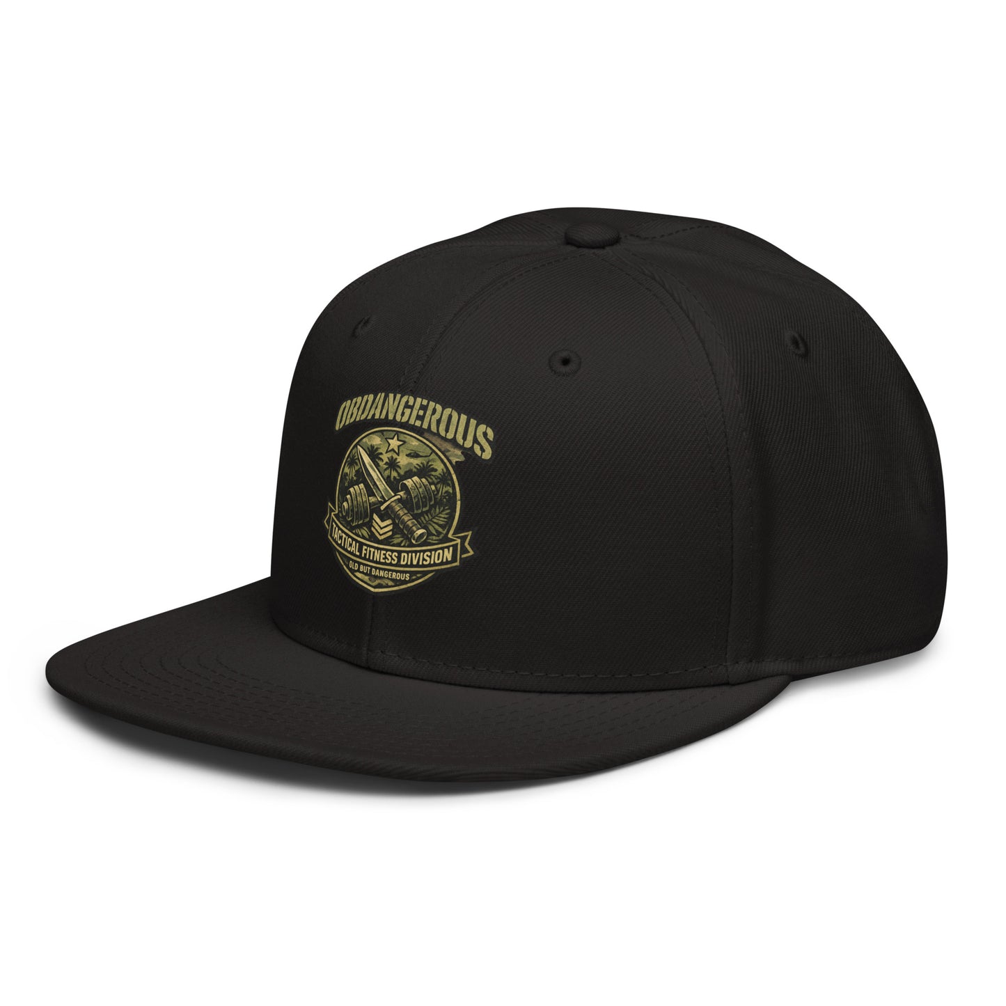 Black OB DANGEROUS Tactical Fitness Division Shield snapback hat with embroidered logo, front view showing structured design.