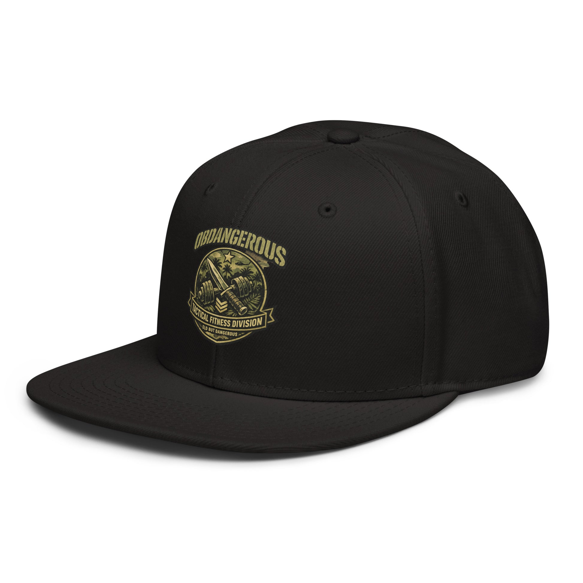 Black OB DANGEROUS Tactical Fitness Division Shield snapback hat with embroidered logo, front view showing structured design.