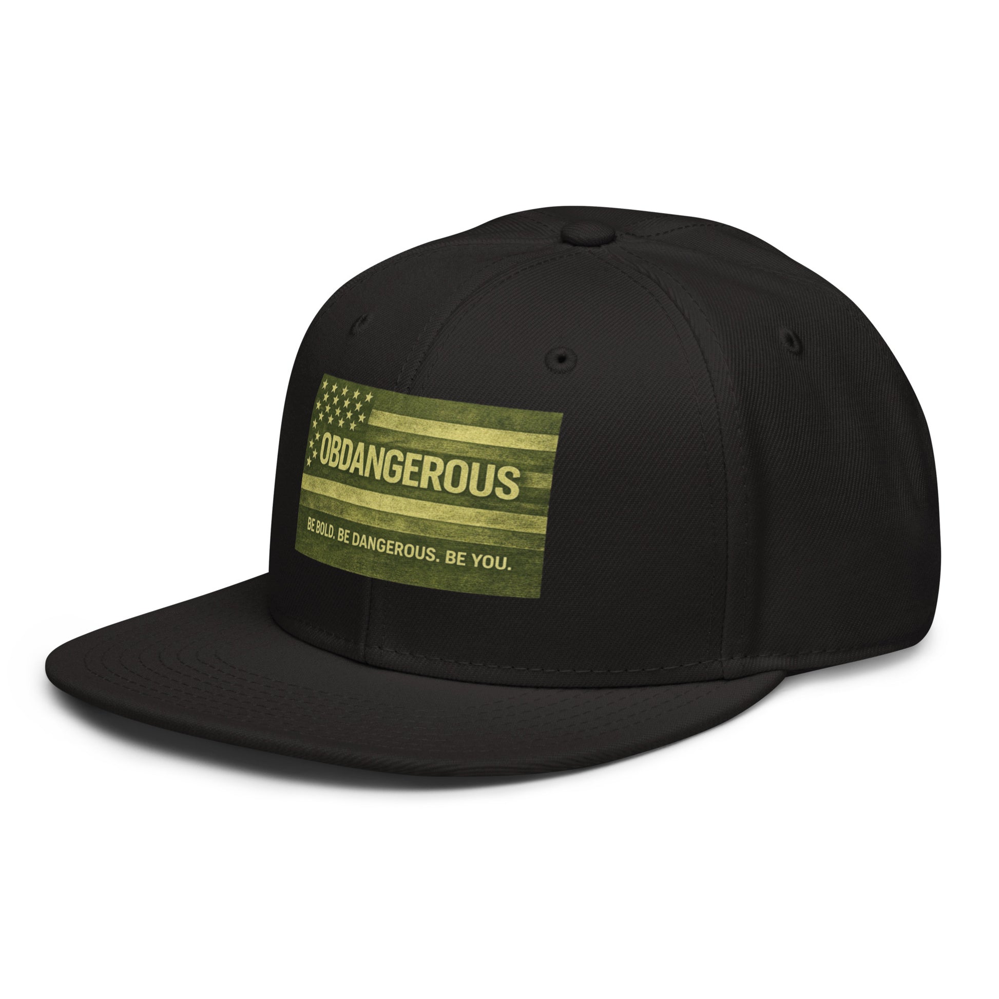 Black embroidered snapback hat by OB DANGEROUS, featuring front embroidery design, stylish for gym, street, and casual wear.