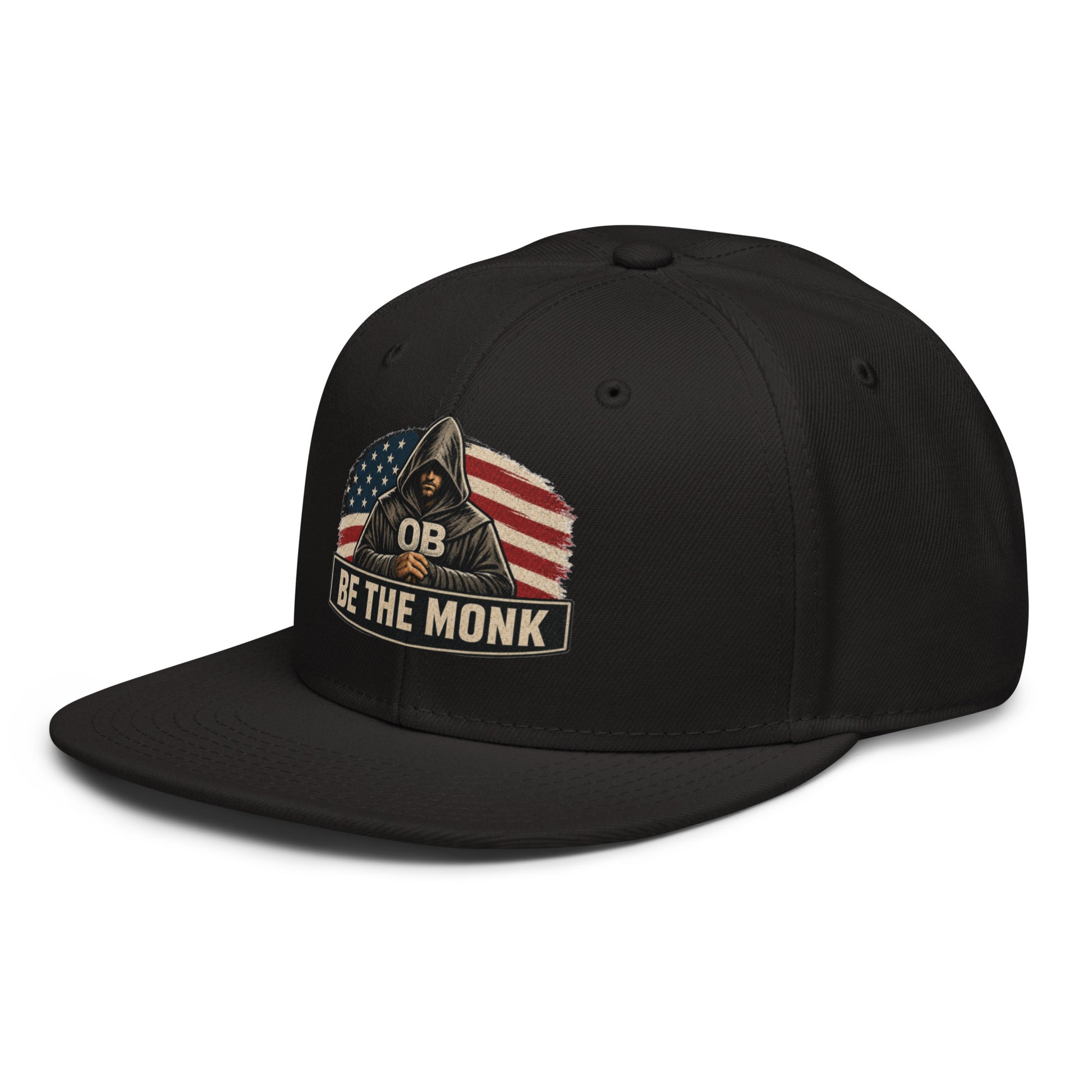 Black OB DANGEROUS Be The Monk OBDangerous snapback hat with embroidered design, view from left front angle.