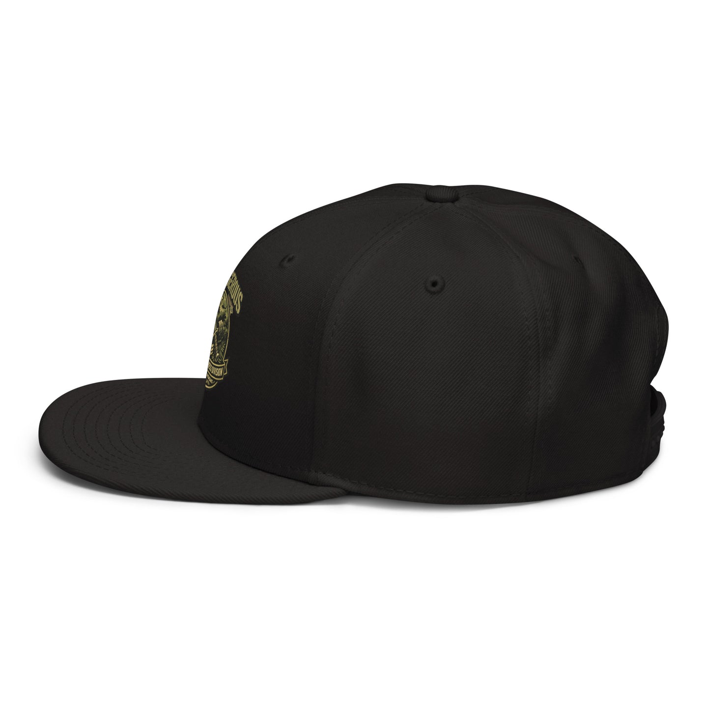 Black tactical fitness division shield snapback hat with embroidered design, featuring OB DANGEROUS branding on the left side.