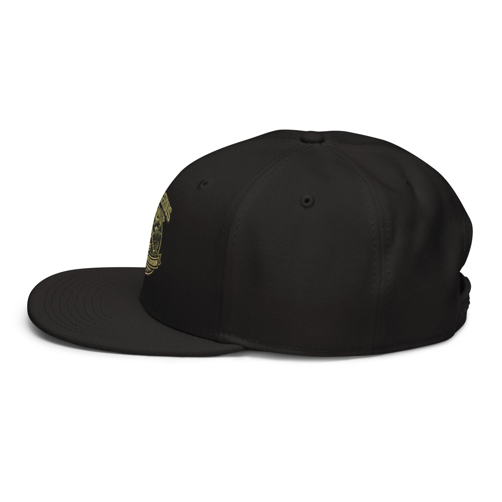Black tactical fitness division shield snapback hat with embroidered design, featuring OB DANGEROUS branding on the left side.