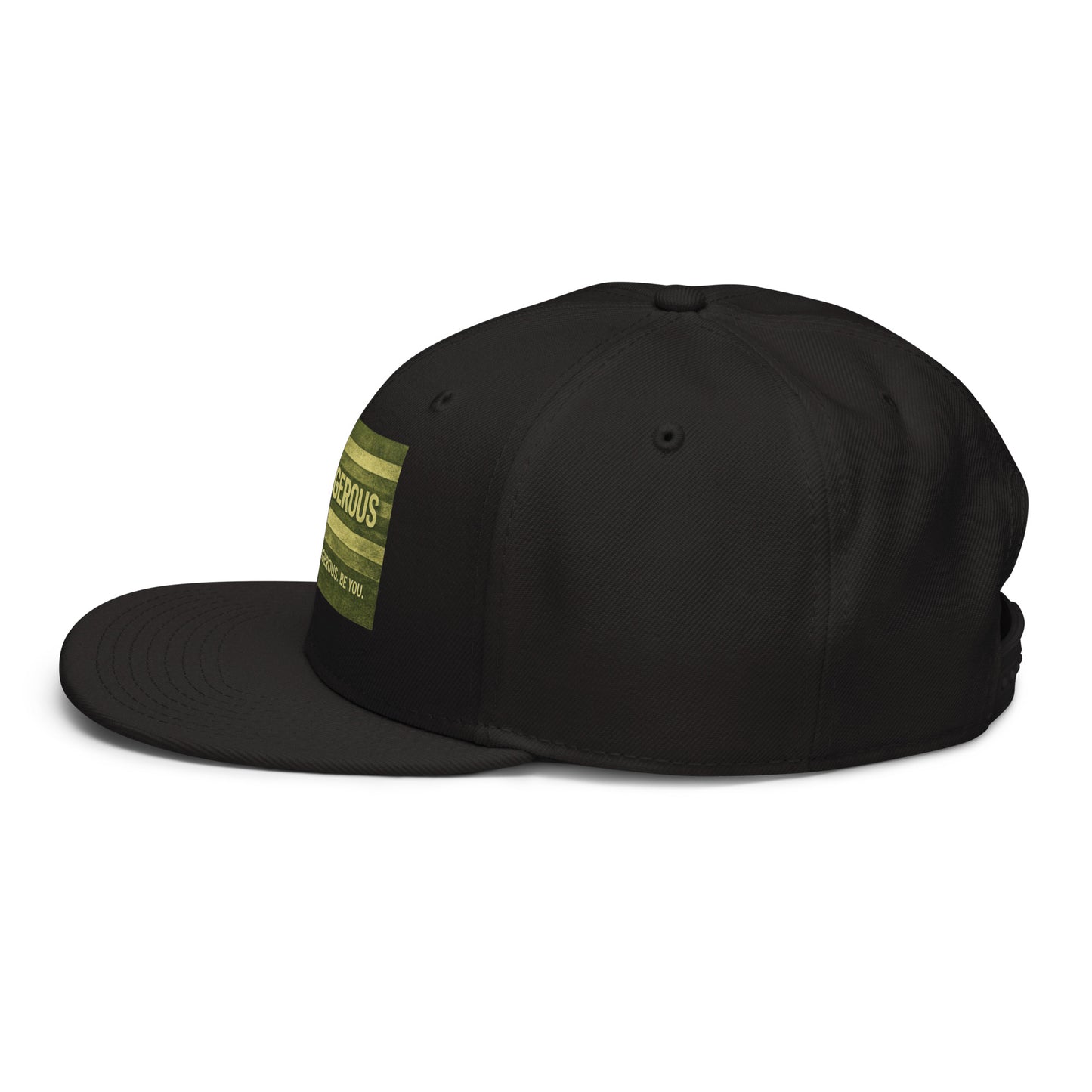 Black OB DANGEROUS embroidered snapback hat showing the left side with detailed embroidery design.