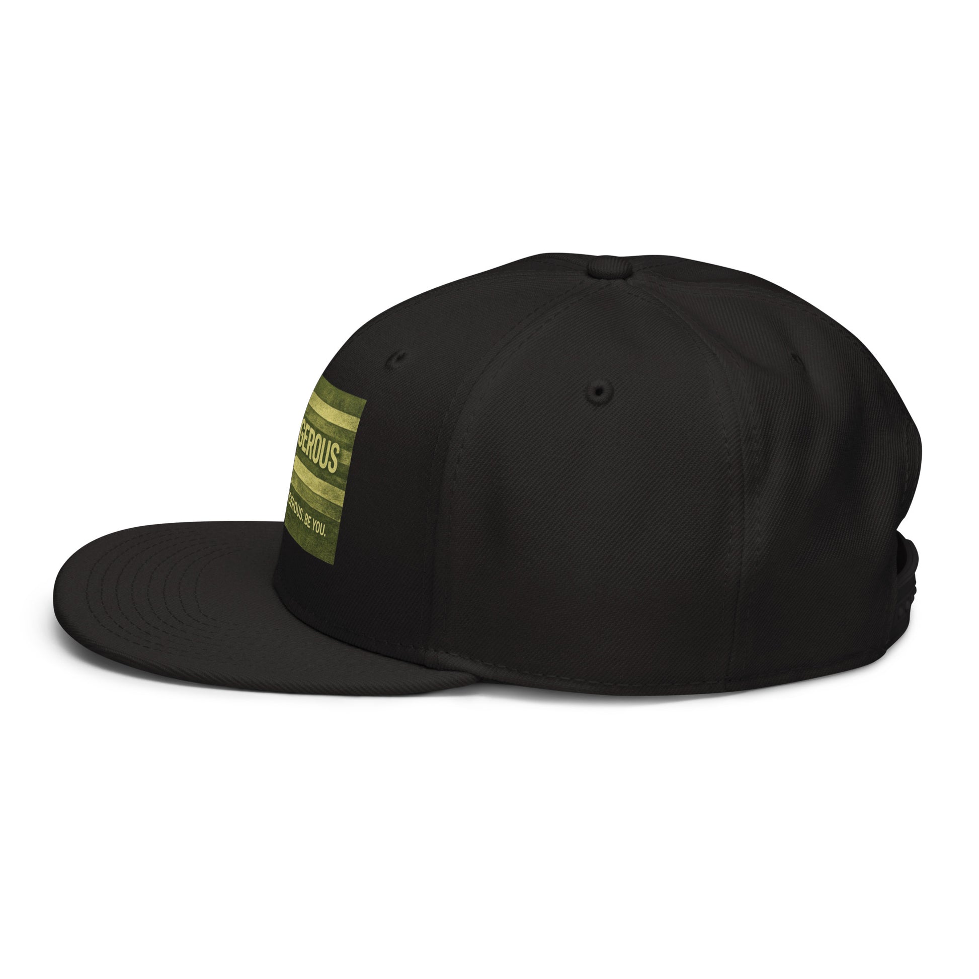 Black OB DANGEROUS embroidered snapback hat showing the left side with detailed embroidery design.