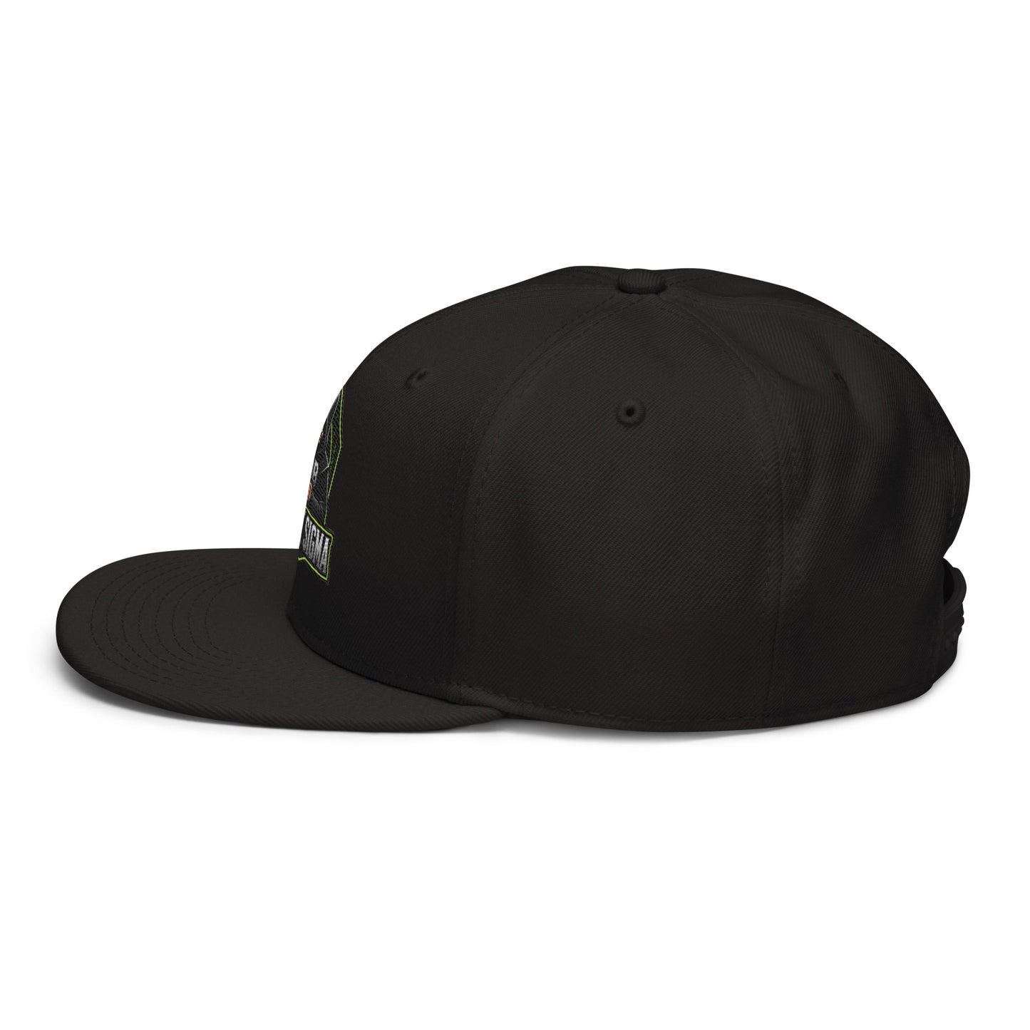 Black Sigma OBD Dangerous embroidery snapback hat with side view, designed for gym and streetwear style, featuring a structured fit and bold design.