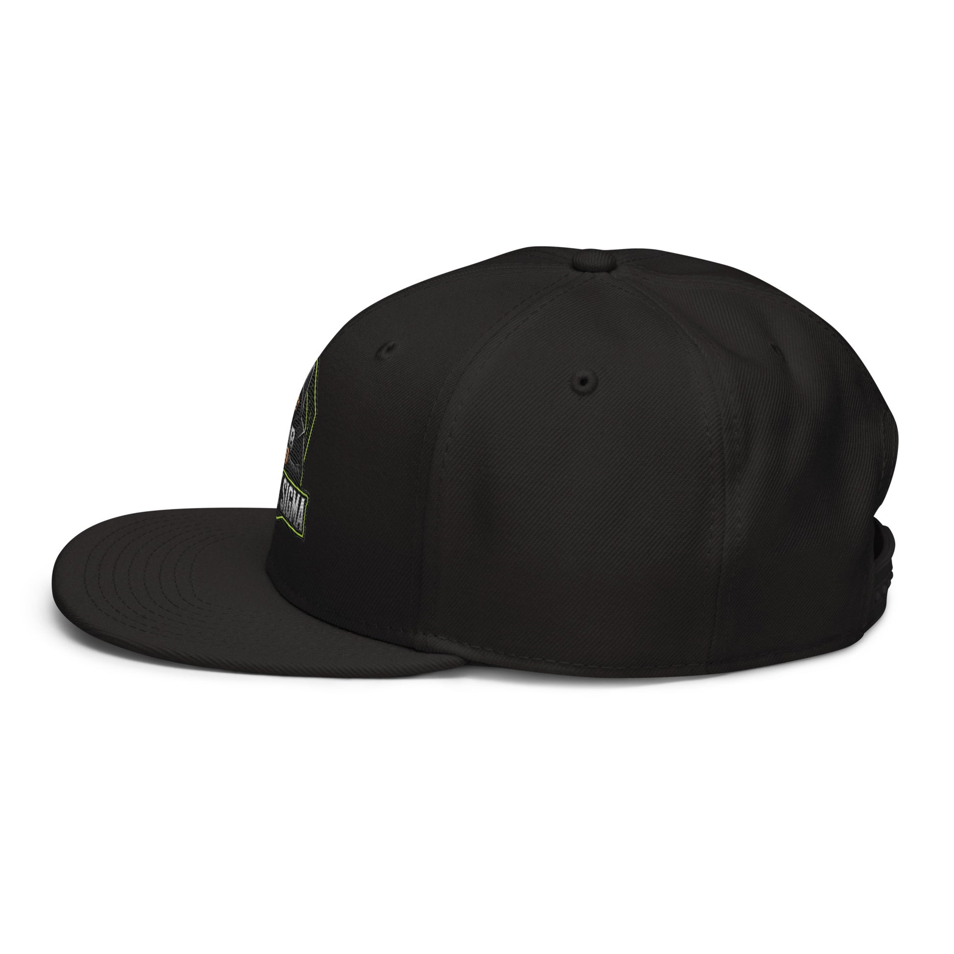 Black Sigma OBD Dangerous embroidery snapback hat with side view, designed for gym and streetwear style, featuring a structured fit and bold design.