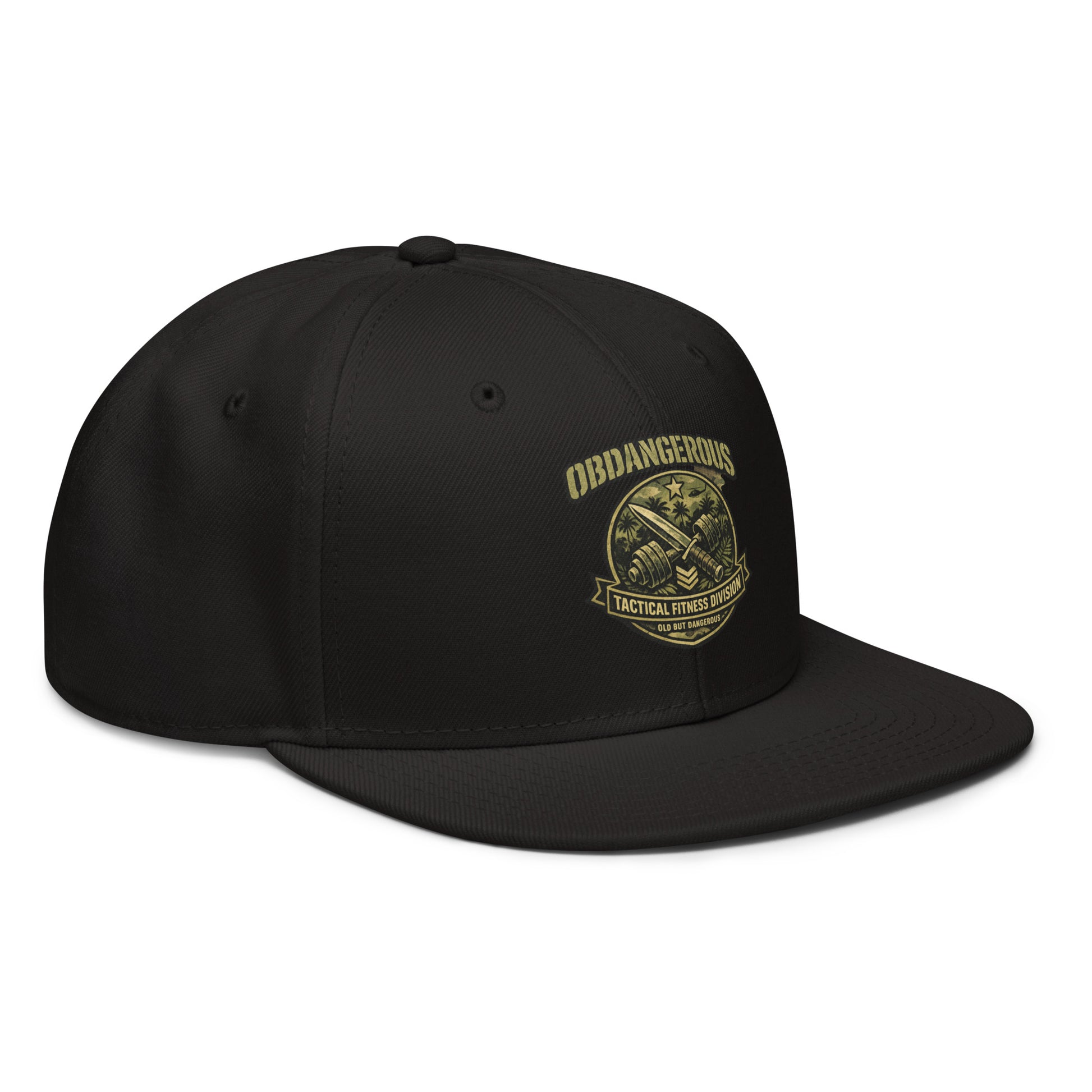 Black embroidered Tactical Fitness Division Shield snapback hat by OB DANGEROUS, featuring front embroidery and a structured design.