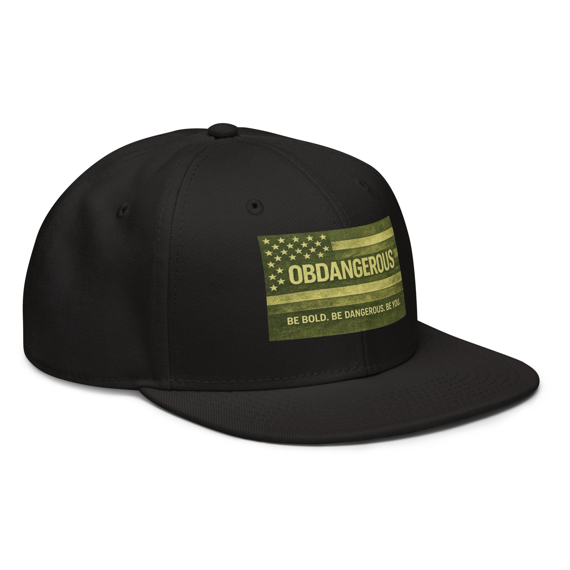 Black embroidered snapback hat by OB DANGEROUS, featuring detailed front embroidery and a structured brim.