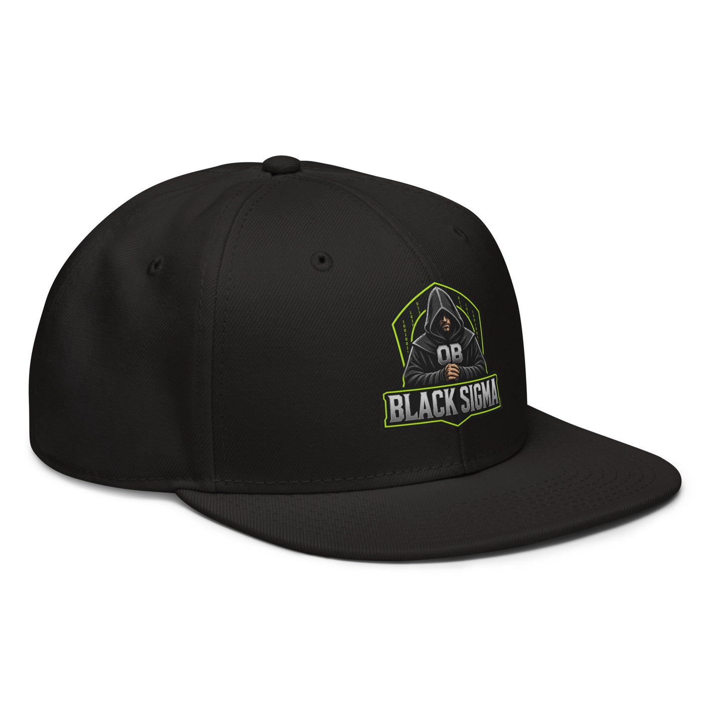 Black Sigma OBD Dangerous embroidery snapback hat, front view showing detailed logo, designed for gym and street style.