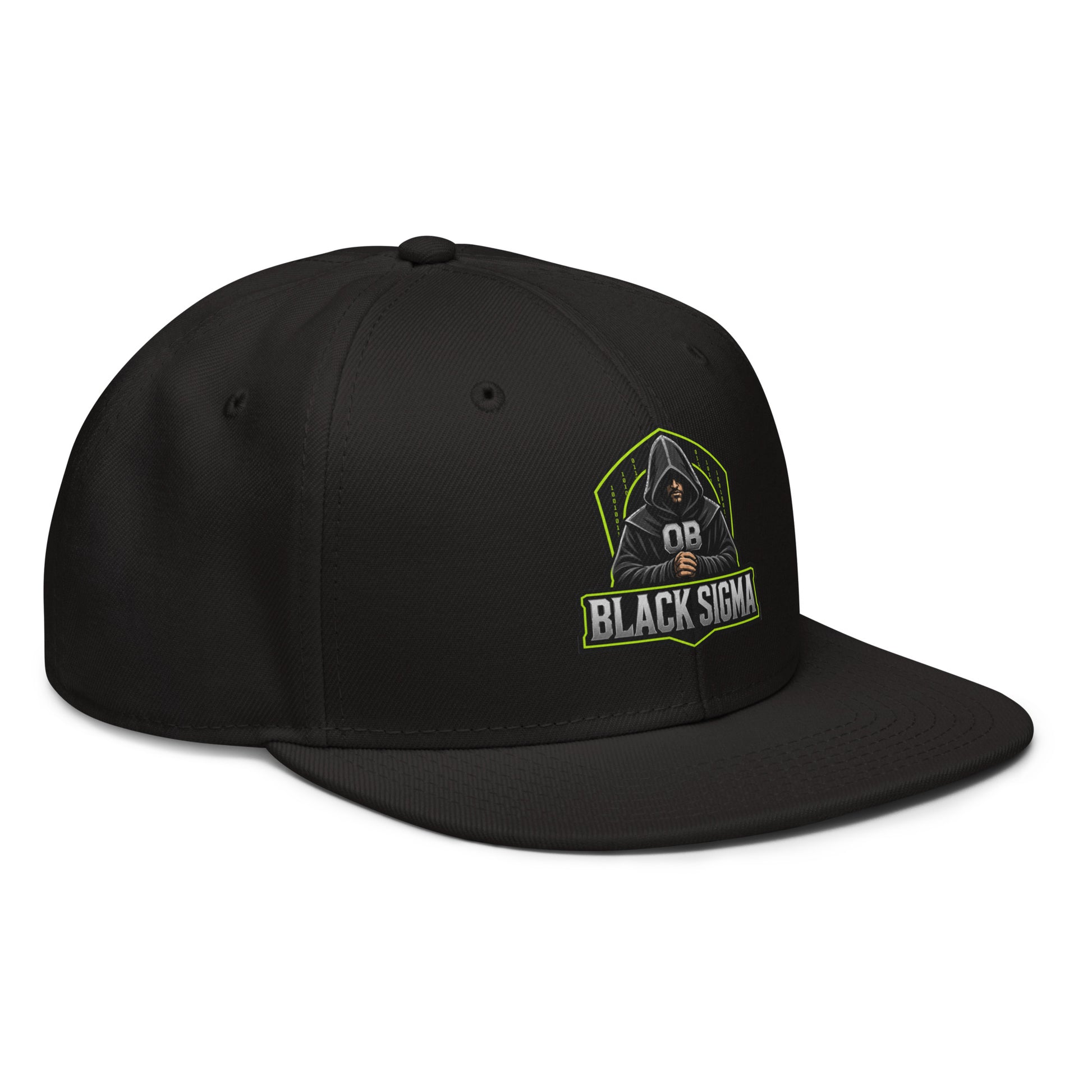 Black Sigma OBD Dangerous embroidery snapback hat, front view showing detailed logo, designed for gym and street style.