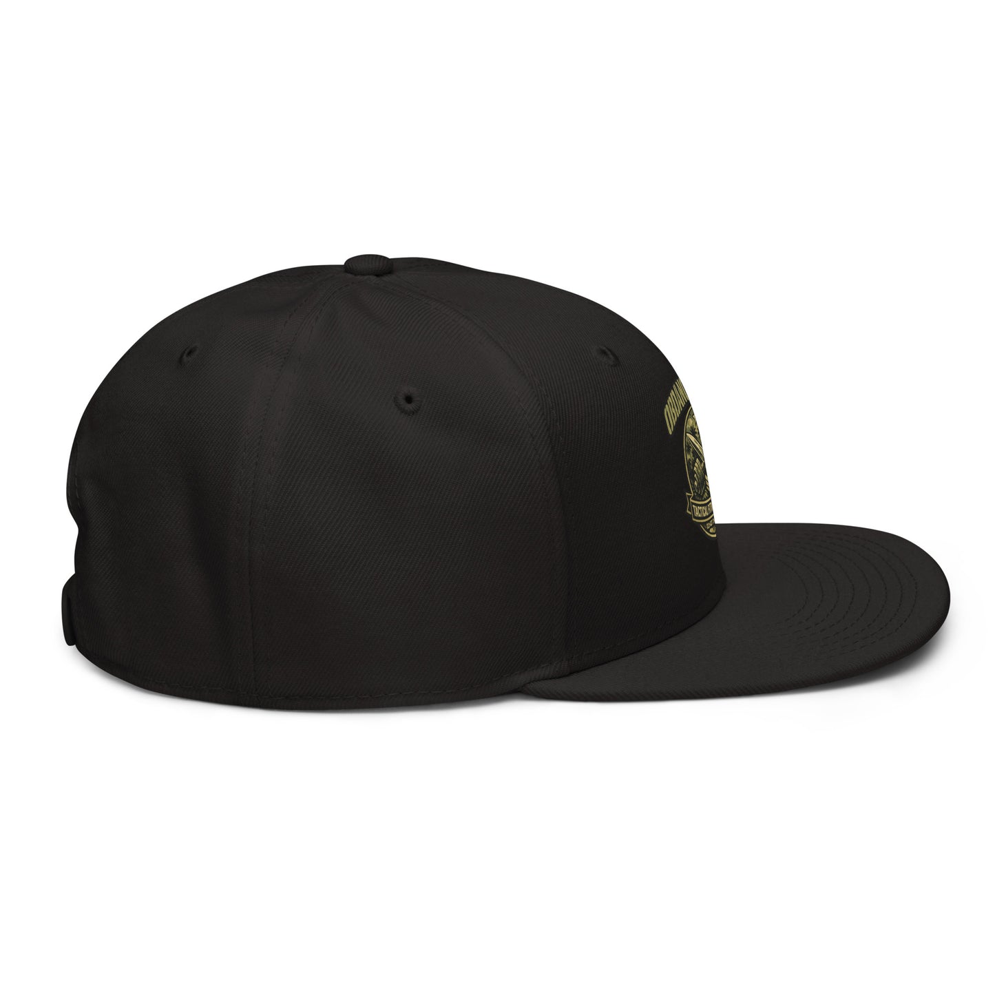 Black OB DANGEROUS Tactical Fitness Division Shield snapback hat with embroidered design, shown from the right side.