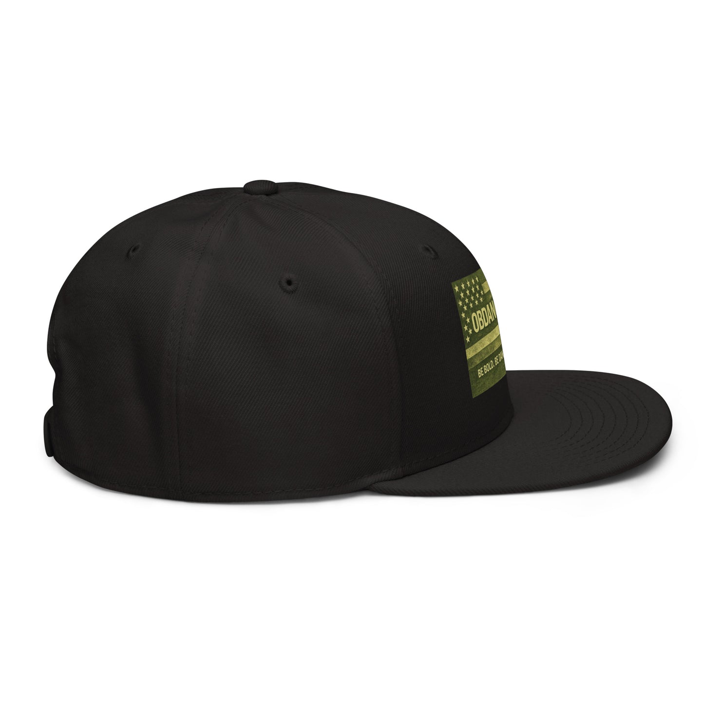 Black OB DANGEROUS embroidery snapback hat viewed from the right side, featuring a stylish design for gym and streetwear.