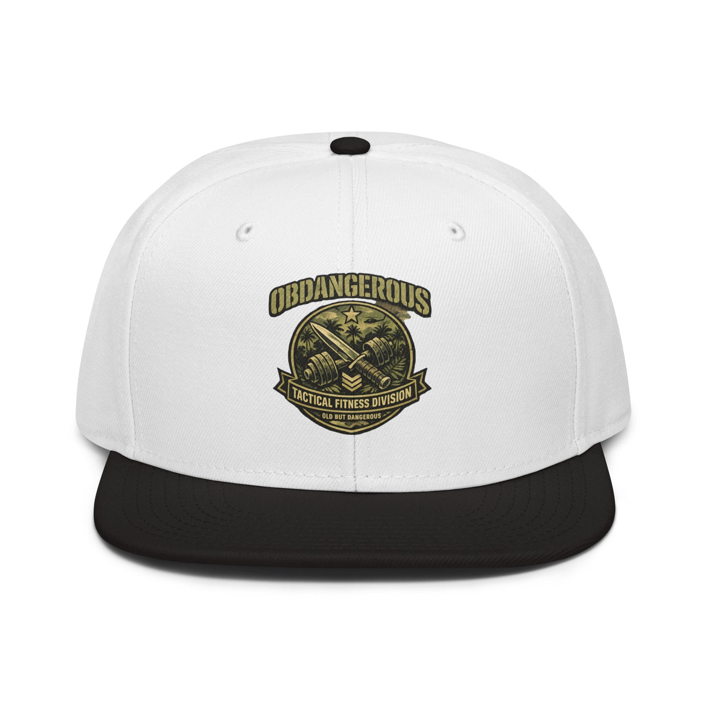 Black and white embroidered Tactical Fitness Division Shield snapback hat by OB DANGEROUS, front view with bold design.