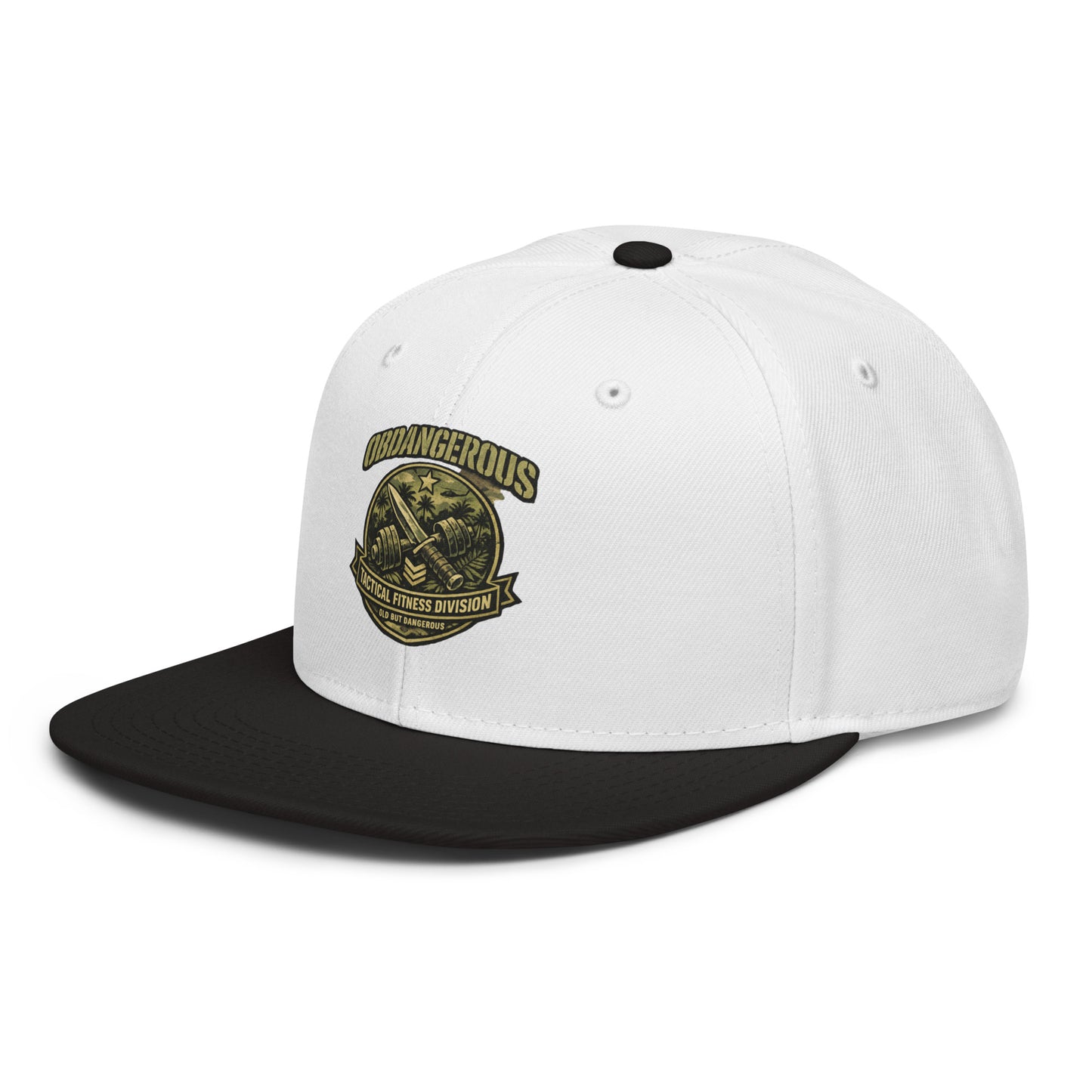 Black and white embroidered OB DANGEROUS Tactical Fitness Division Shield snapback hat, front view with logo detail.