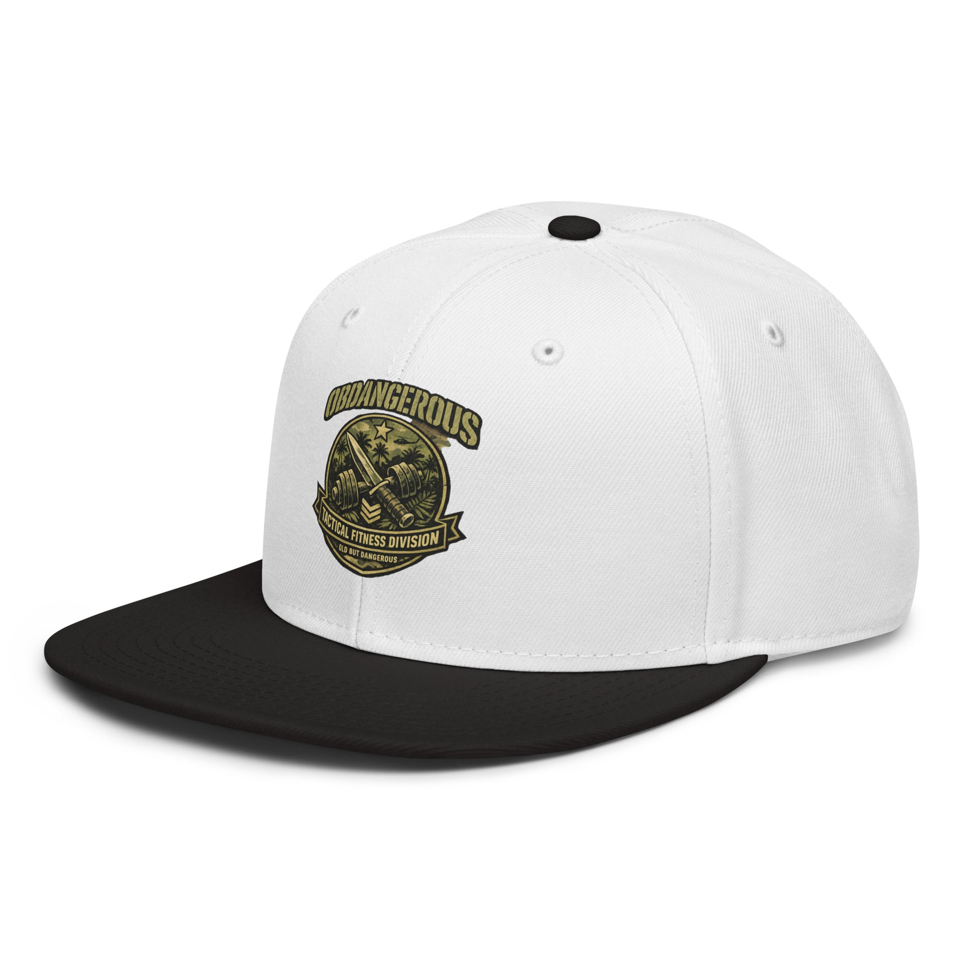 Black and white embroidered OB DANGEROUS Tactical Fitness Division Shield snapback hat, front view with logo detail.