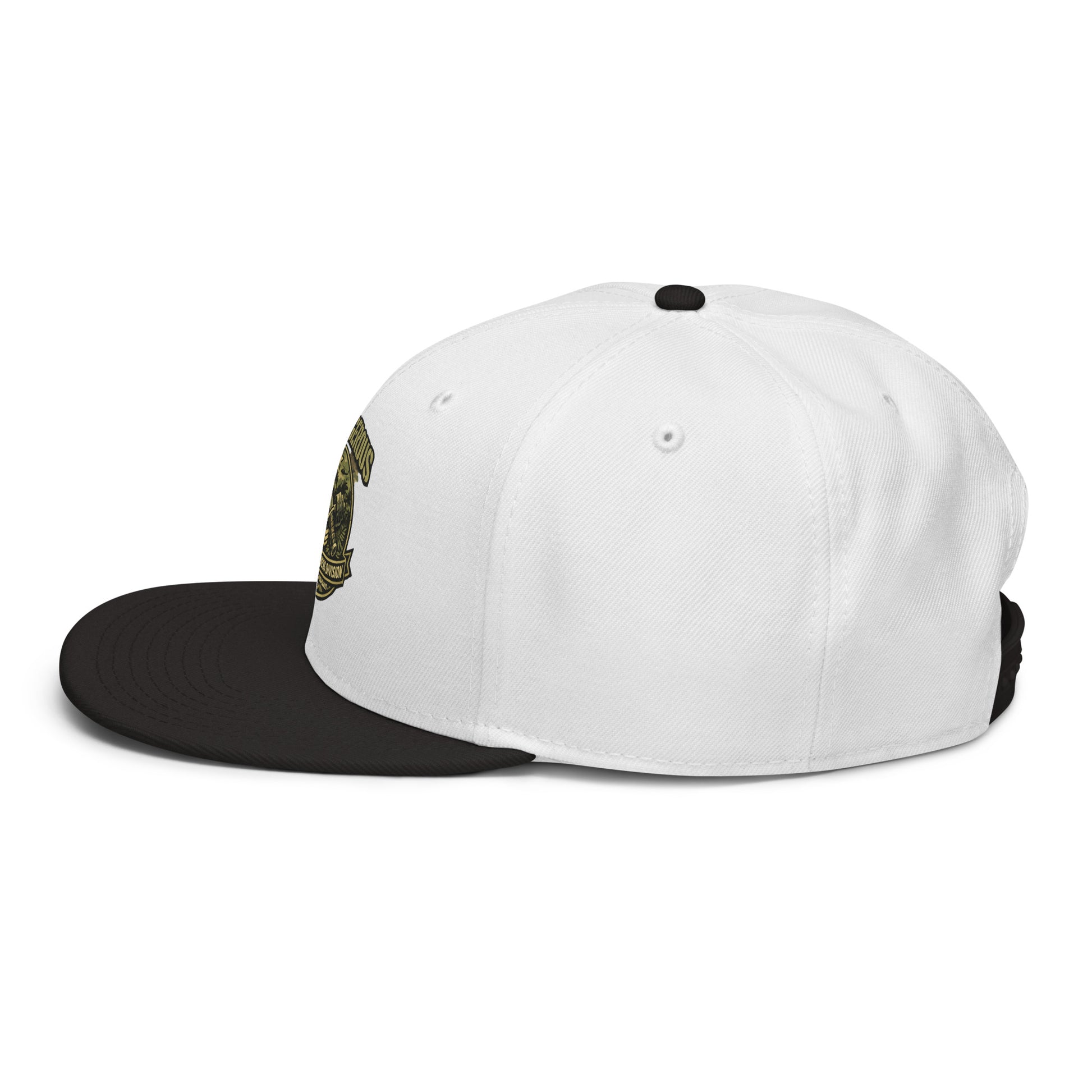 Black and white embroidered tactical fitness division shield snapback hat by OB DANGEROUS, shown from the left side.