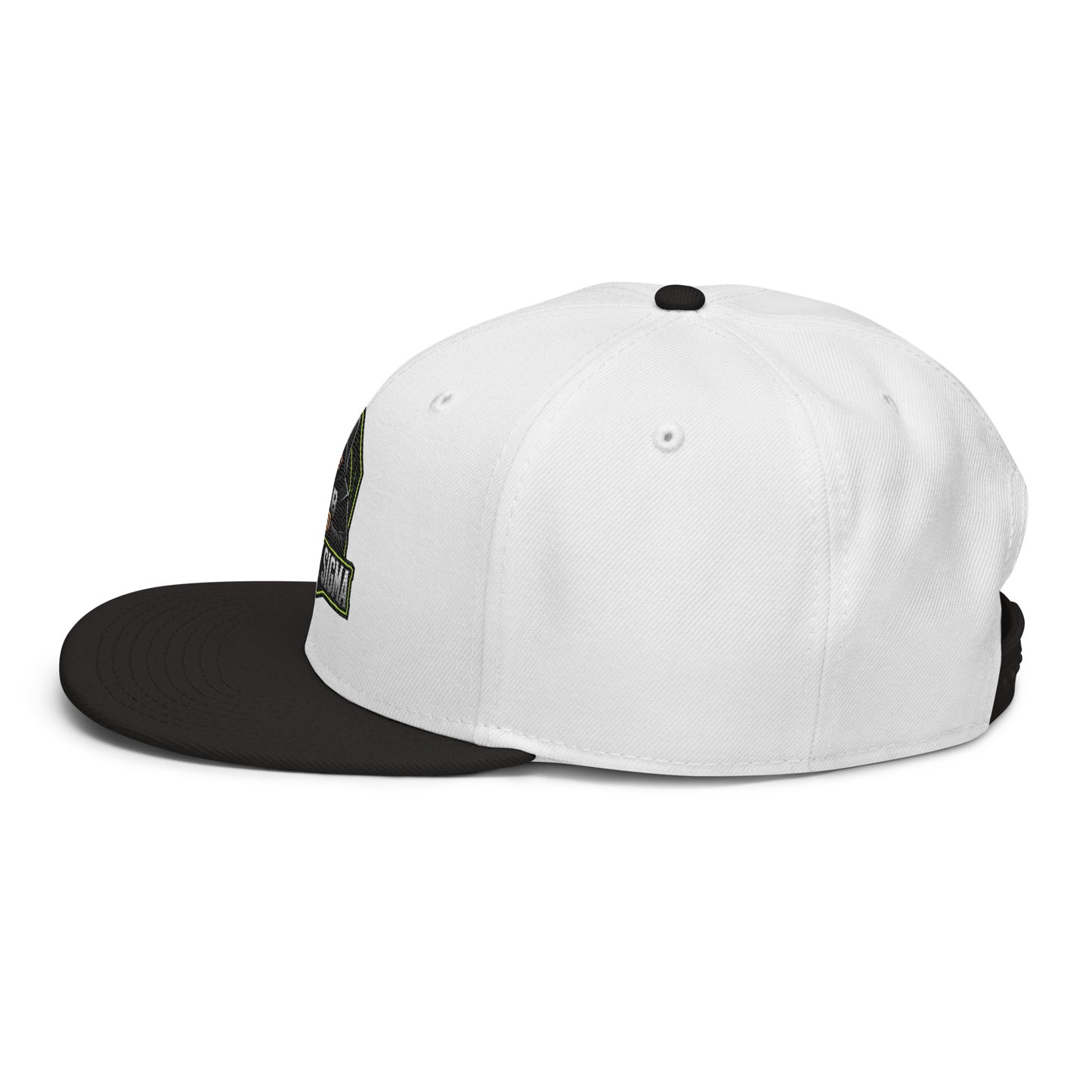 Black Sigma OBD Dangerous embroidered snapback hat with white details, shown from the left side, suitable for gym and streetwear styles.