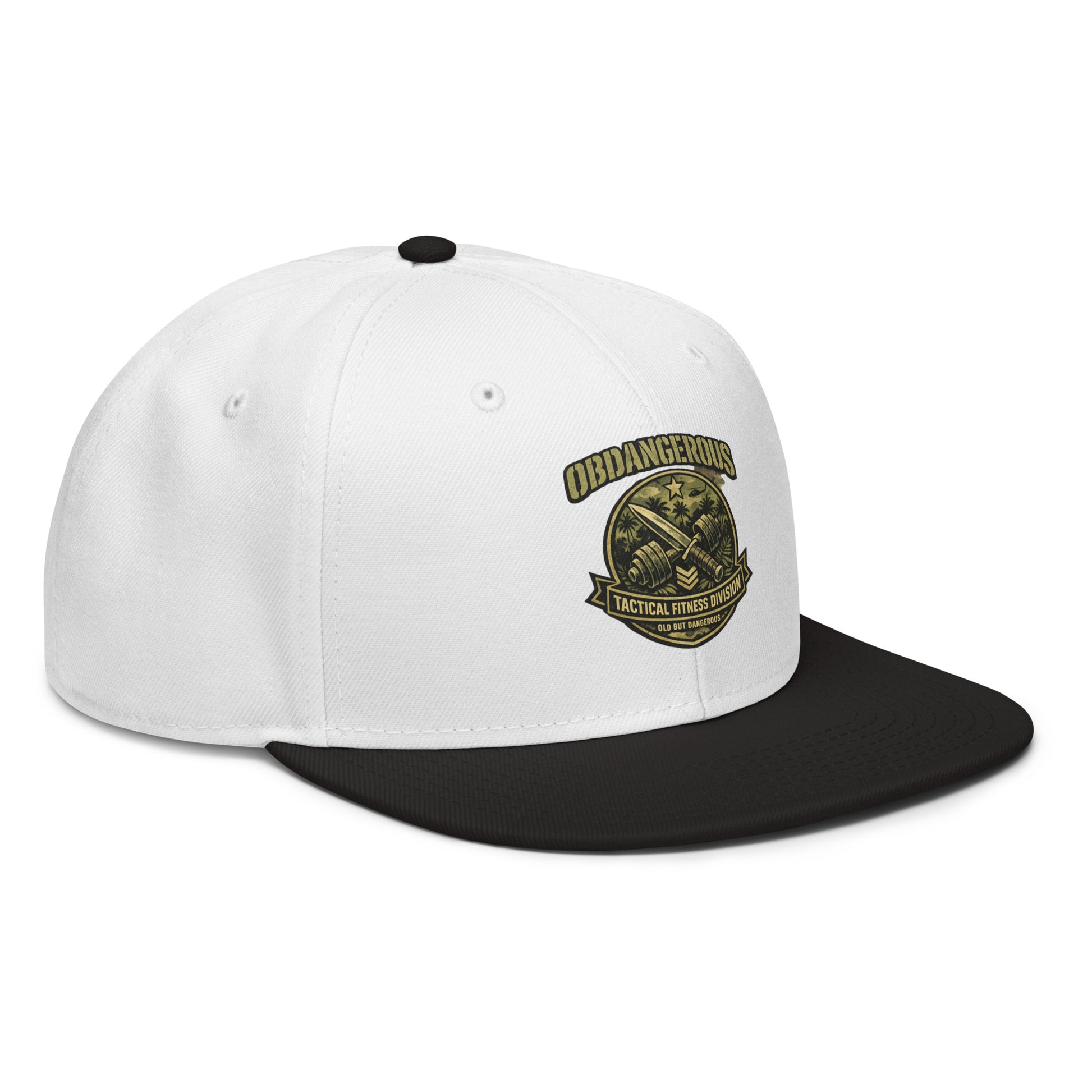 Black and white embroidered tactical fitness division shield snapback hat by OB DANGEROUS, front right view.