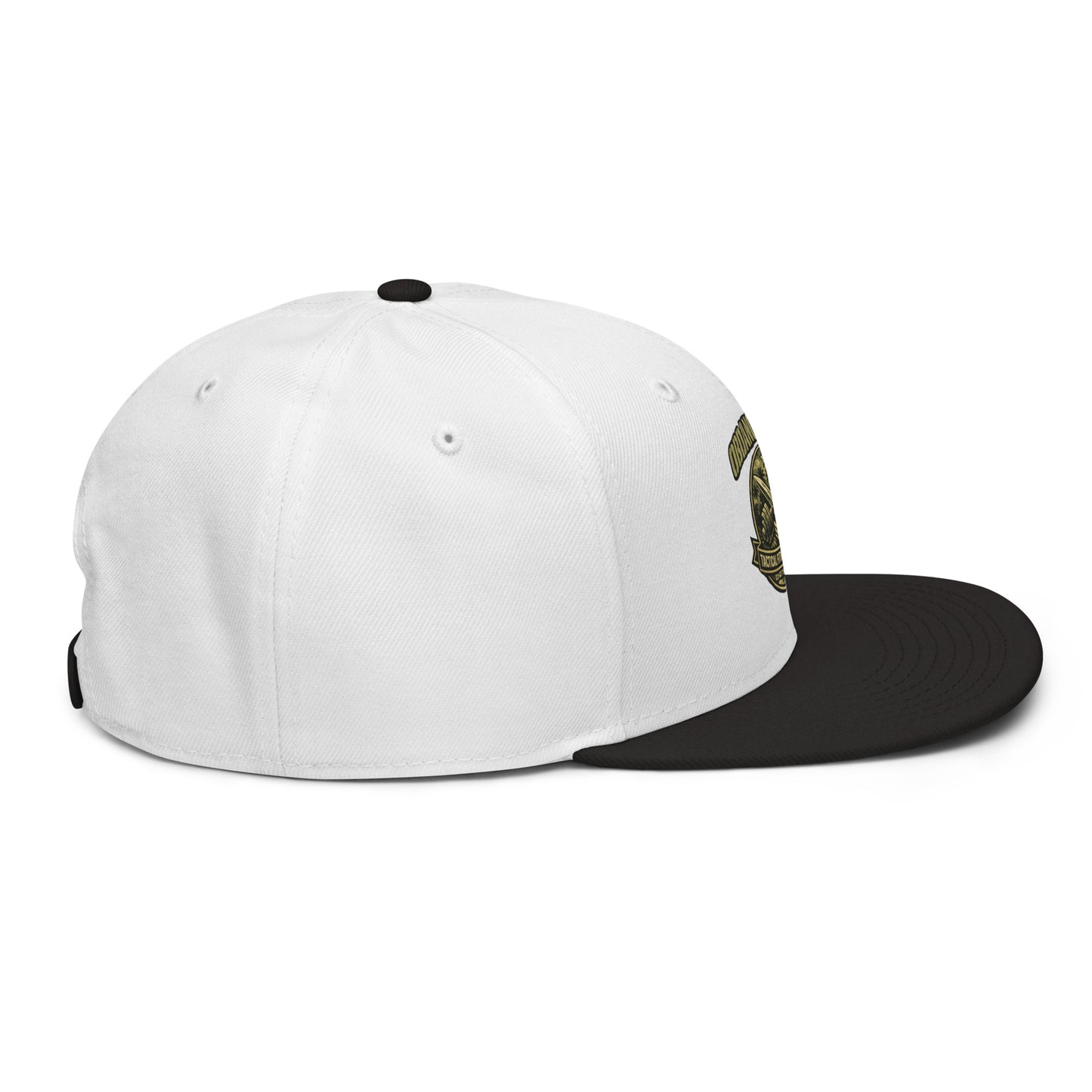 Black and white embroidered tactical fitness division shield snapback hat by OB DANGEROUS, showing right side view.