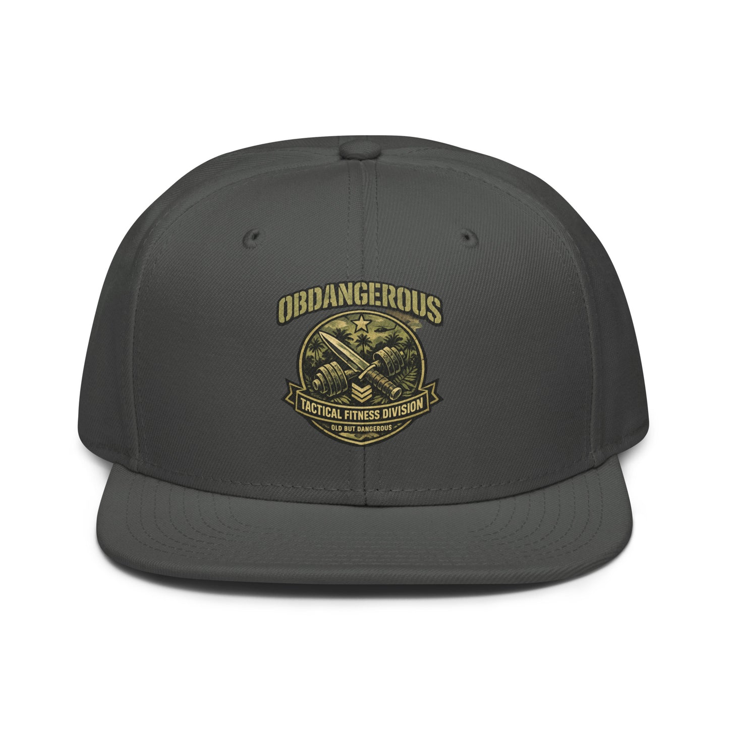 Charcoal gray OB DANGEROUS Tactical Fitness Division Shield snapback hat with embroidered logo, designed for gym and street wear.