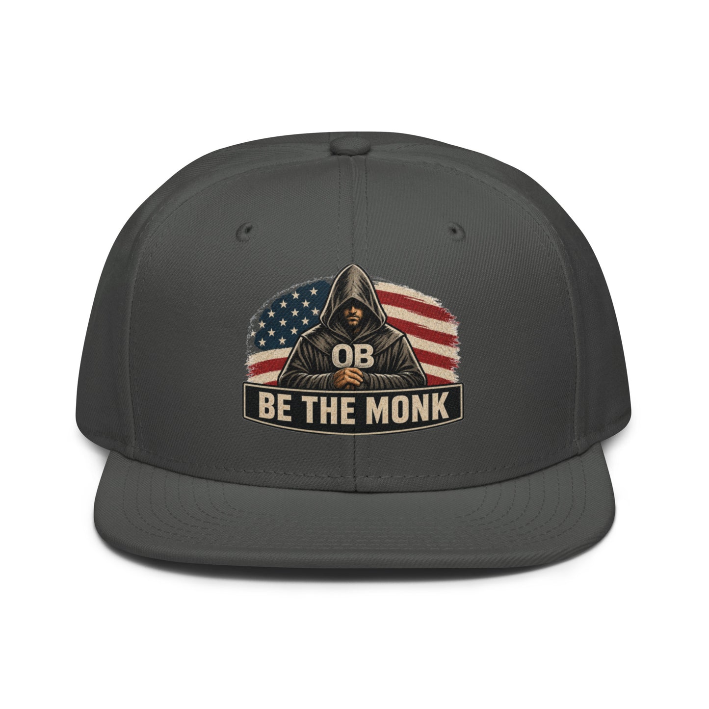 Charcoal gray OB DANGEROUS Be The Monk snapback hat with embroidery, designed for gym and street style, front view.