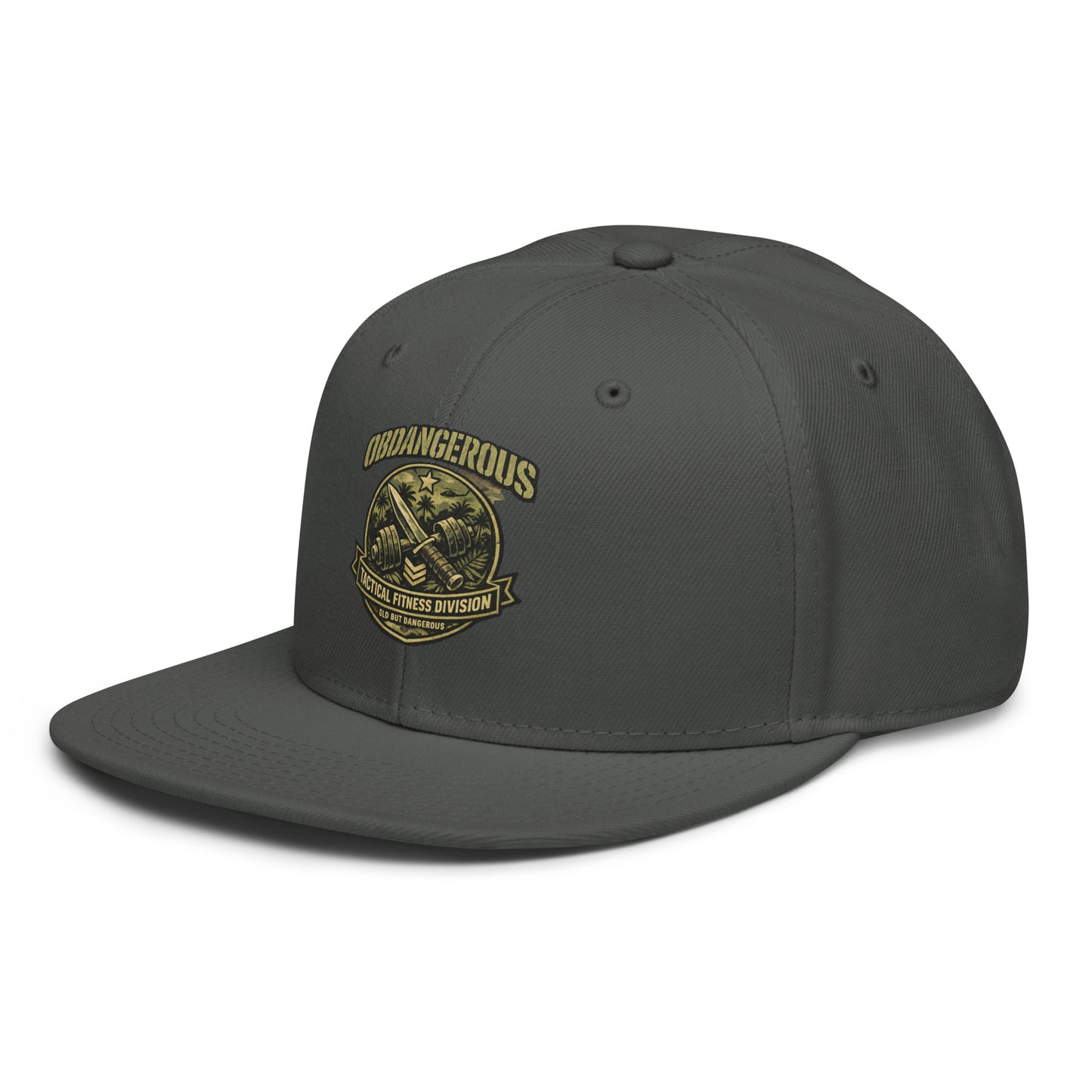 Charcoal gray OB DANGEROUS Tactical Fitness Division Shield snapback hat with embroidered logo, designed for gym and streetwear.