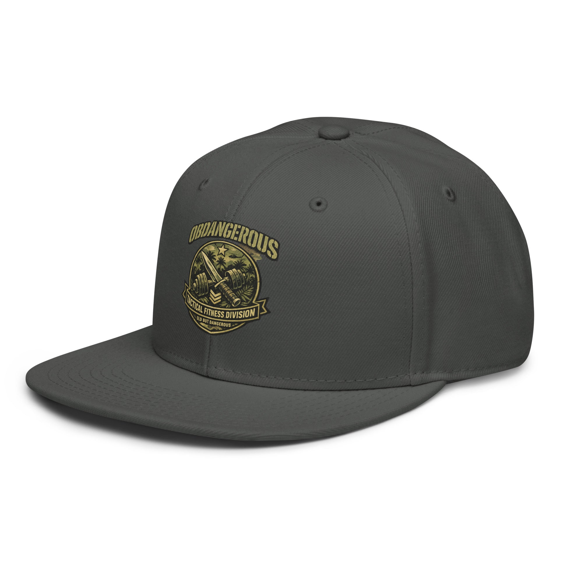 Charcoal gray OB DANGEROUS Tactical Fitness Division Shield snapback hat with embroidered logo, designed for gym and streetwear.