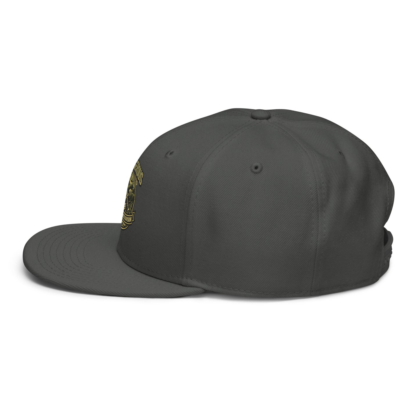 Charcoal gray OB Dangerous Tactical Fitness Division Shield Snapback Hat with embroidered design, suitable for gym and streetwear.