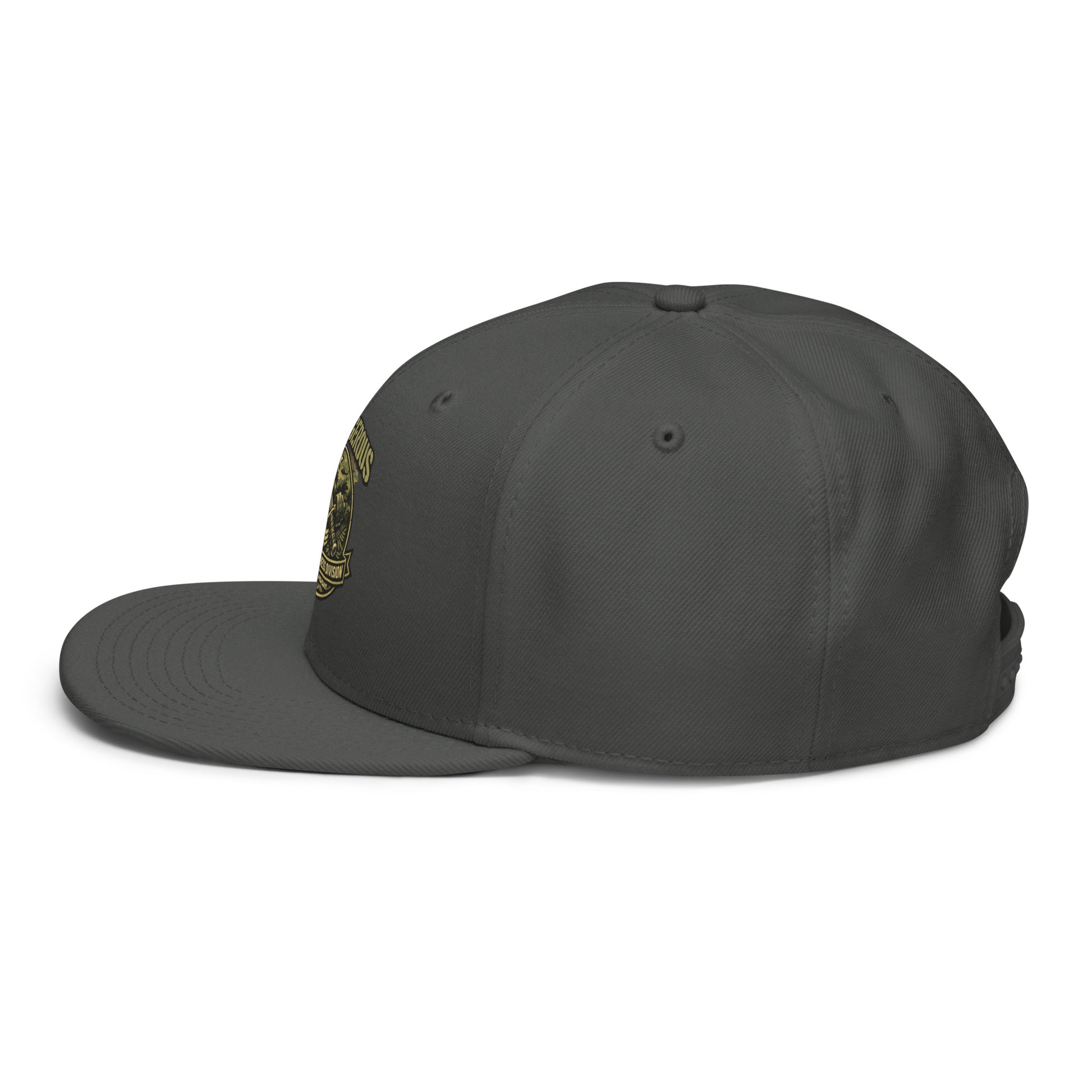 Charcoal gray OB Dangerous Tactical Fitness Division Shield Snapback Hat with embroidered design, suitable for gym and streetwear.