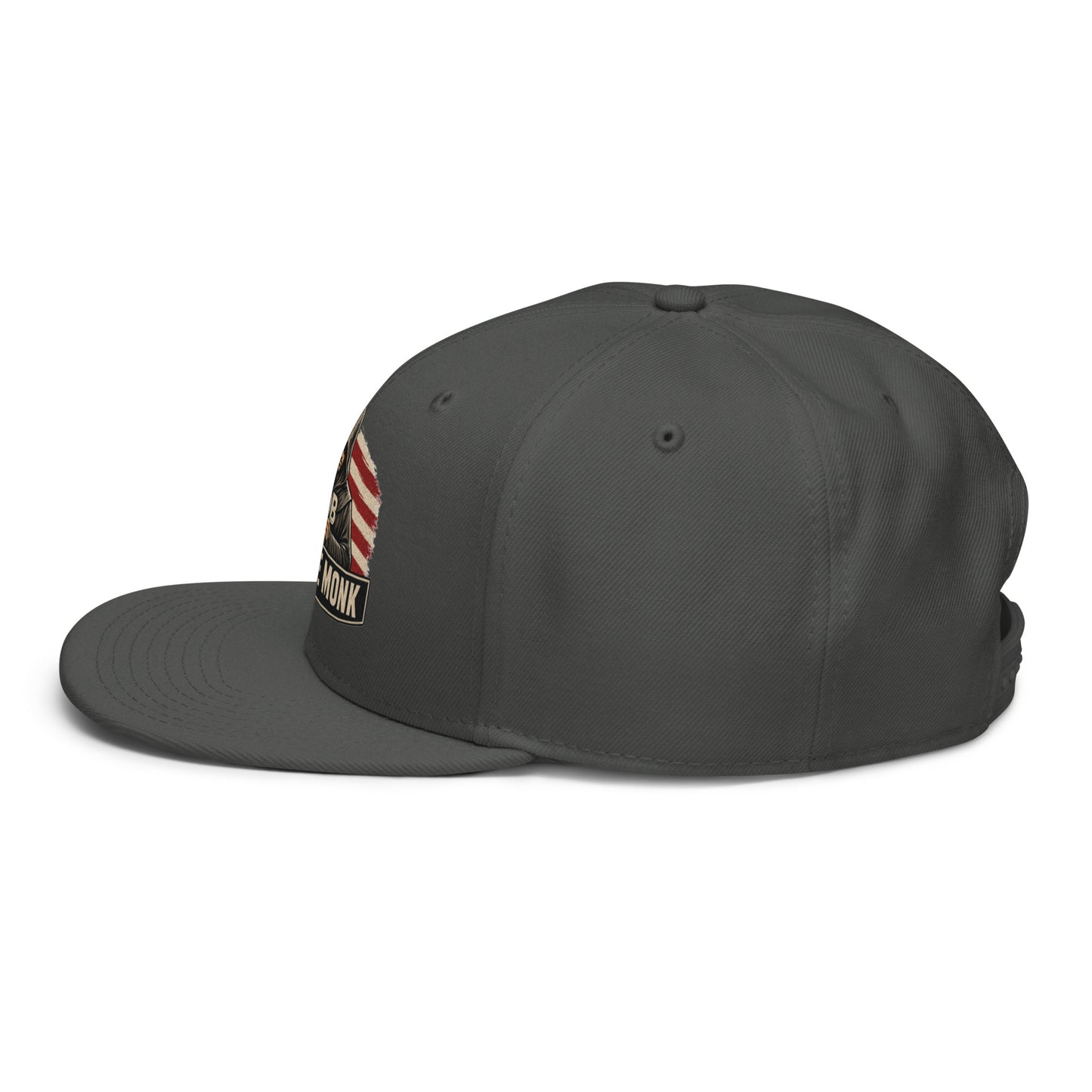 Charcoal gray Be The Monk OB DANGEROUS snapback hat with embroidered design, shown from left side, suitable for gym and streetwear.