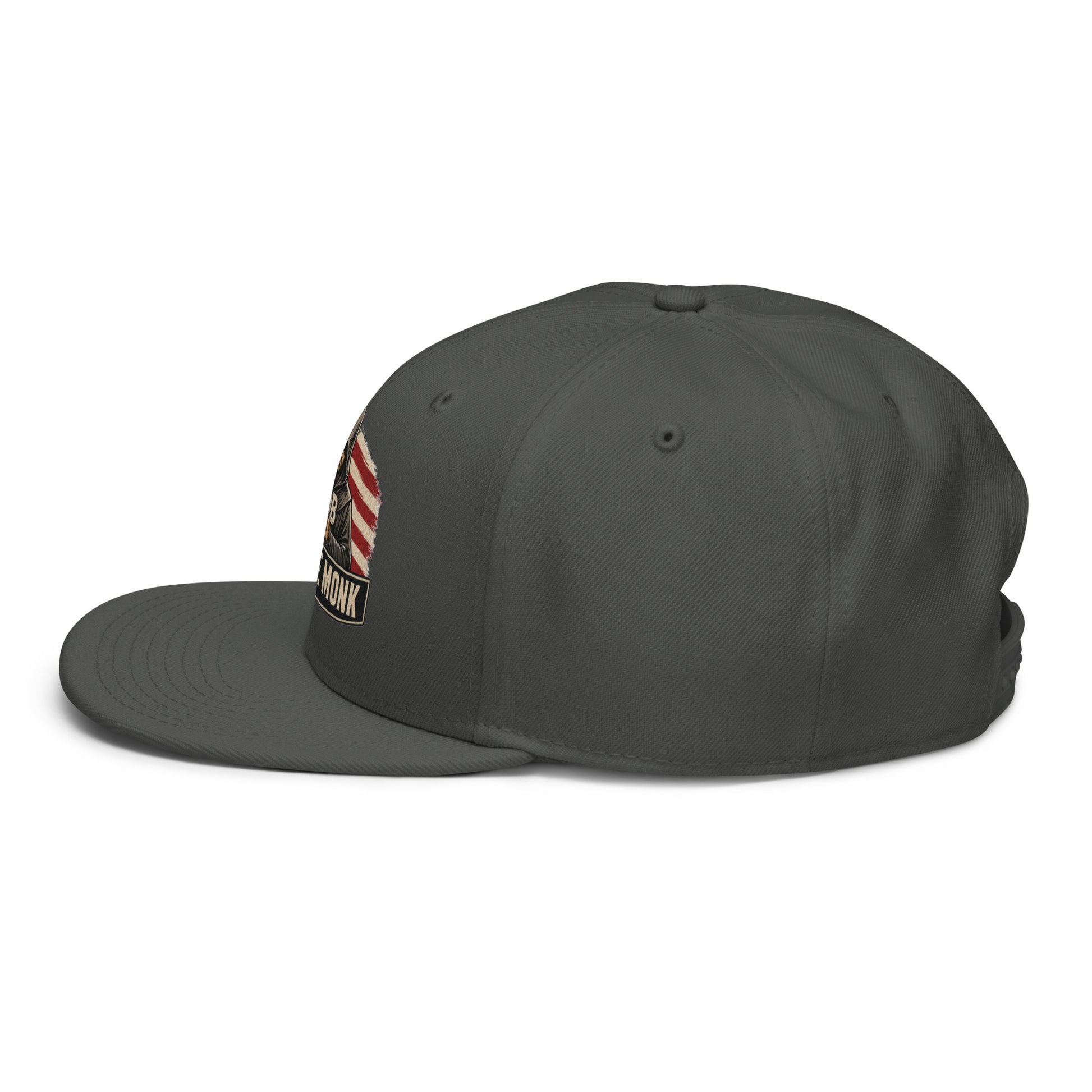 Charcoal gray Be The Monk OB DANGEROUS snapback hat with embroidered design, shown from left side, suitable for gym and streetwear.