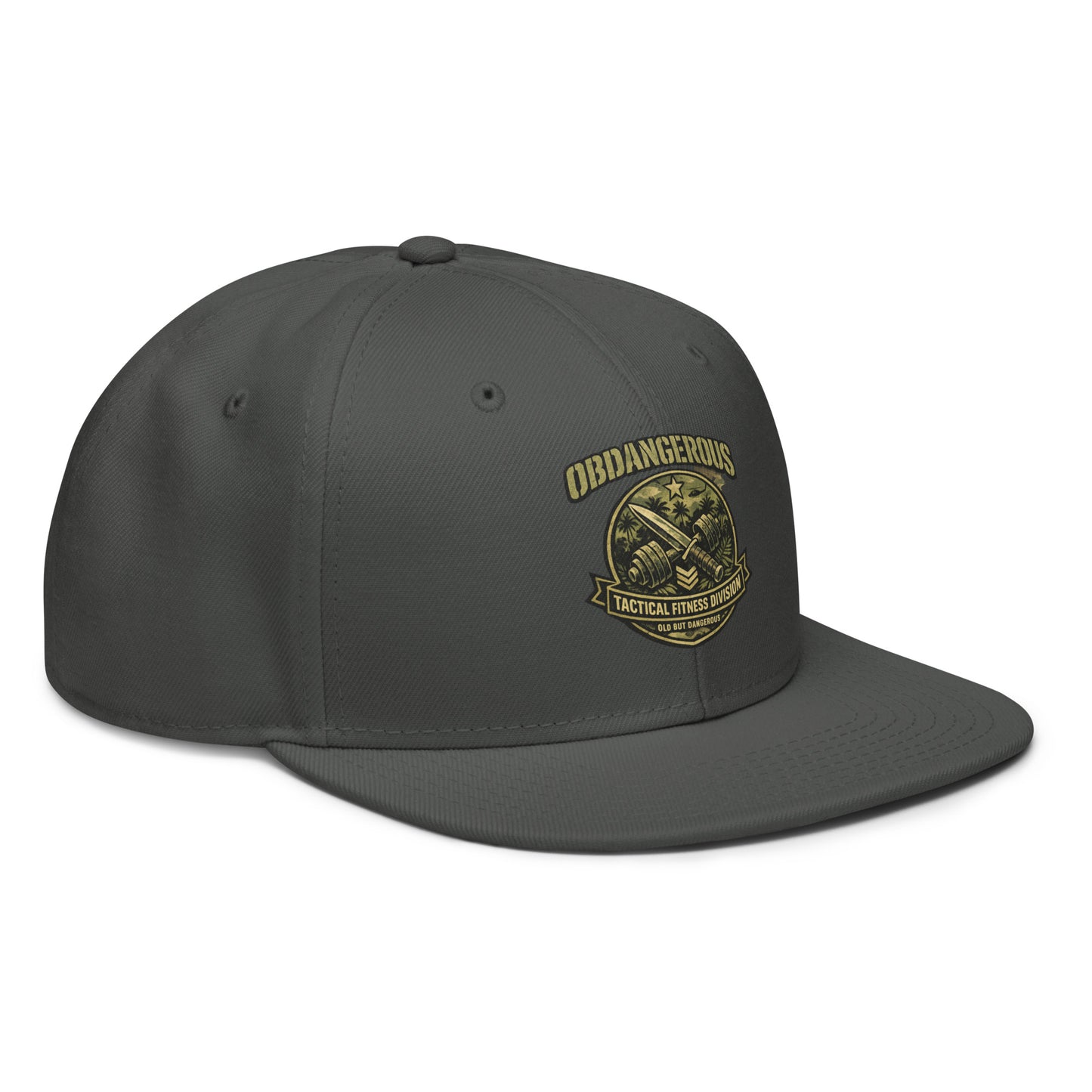 Charcoal gray OB DANGEROUS tactical fitness division shield snapback hat with embroidered design, right front view.