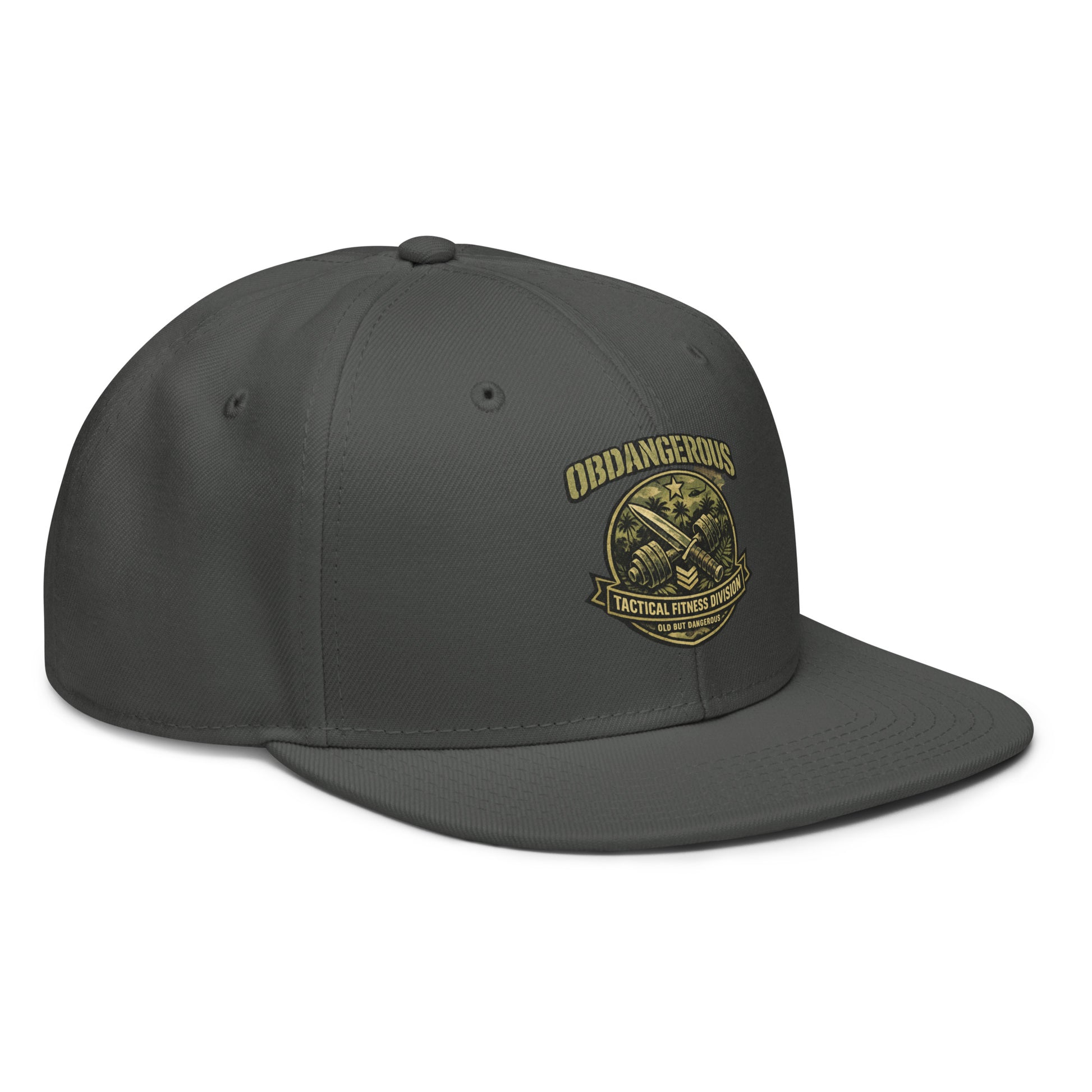 Charcoal gray OB DANGEROUS tactical fitness division shield snapback hat with embroidered design, right front view.