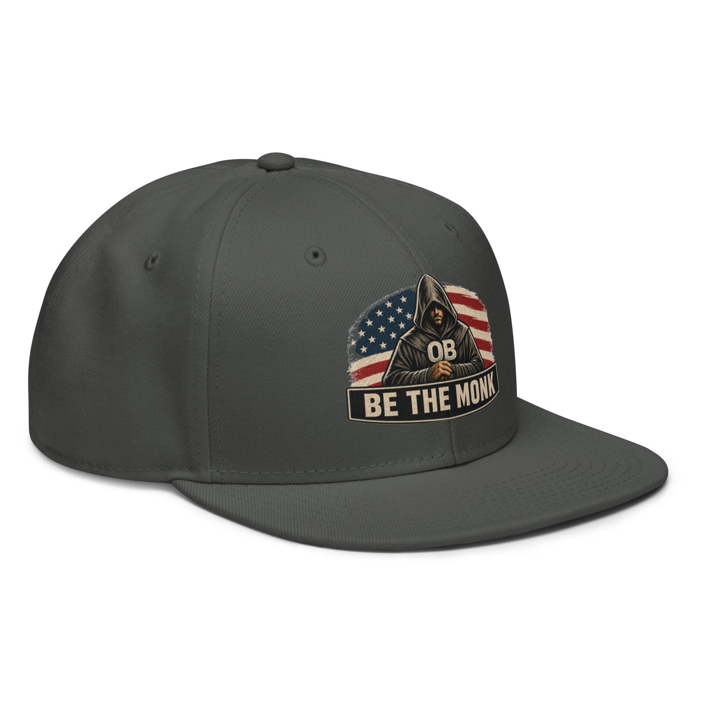 Charcoal gray Be The Monk OBDangerous snapback hat with embroidered design, right front view, stylish streetwear accessory.