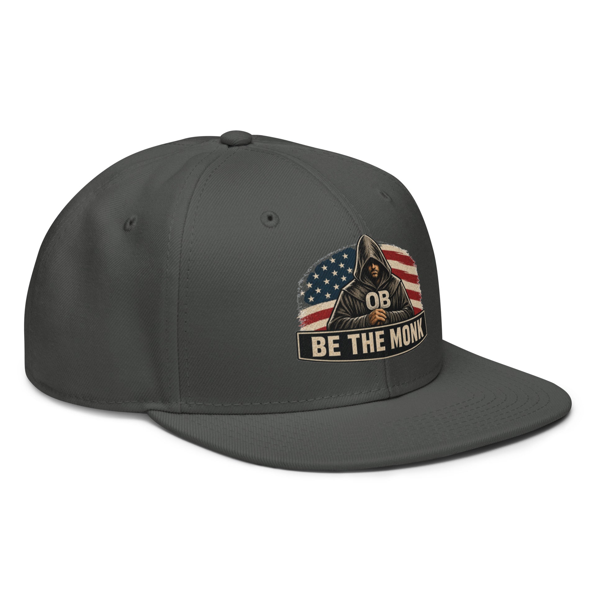 Charcoal gray Be The Monk OBDangerous snapback hat with embroidered design, right front view, stylish streetwear accessory.