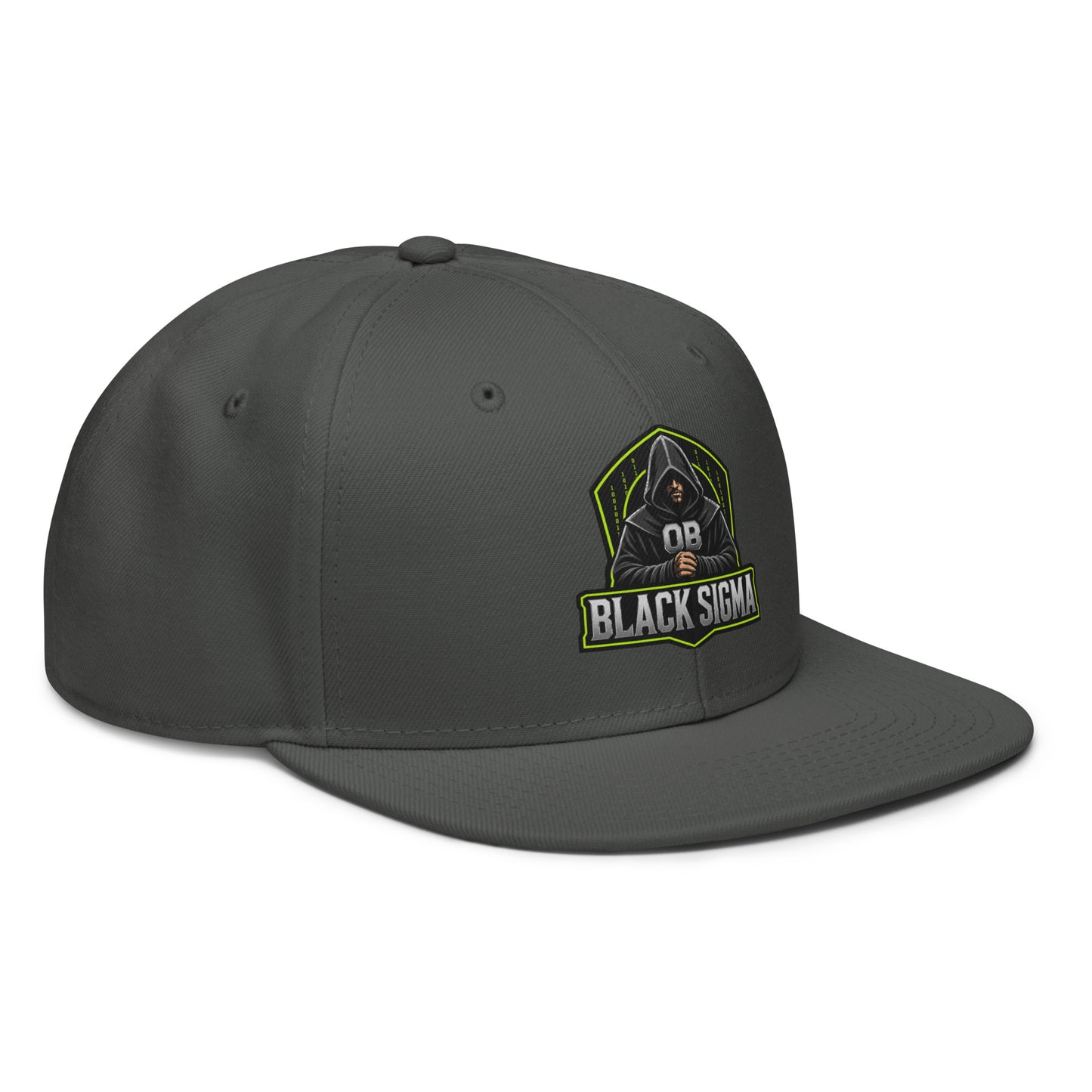 Black Sigma OBD Dangerous embroidery snapback hat in charcoal gray, shown from the front right angle.