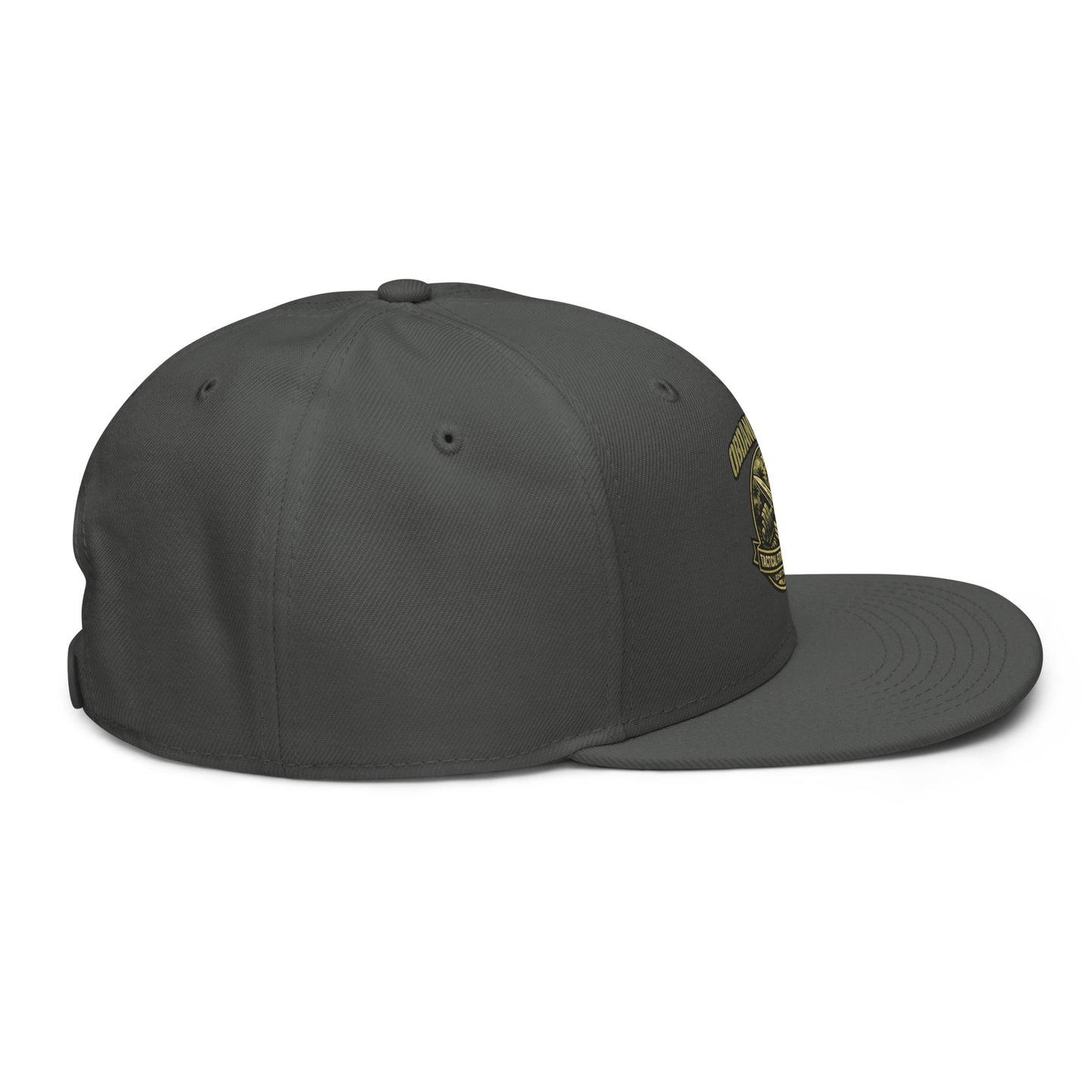 Charcoal gray OB DANGEROUS Tactical Fitness Division Shield snapback hat with embroidered design, right side view.