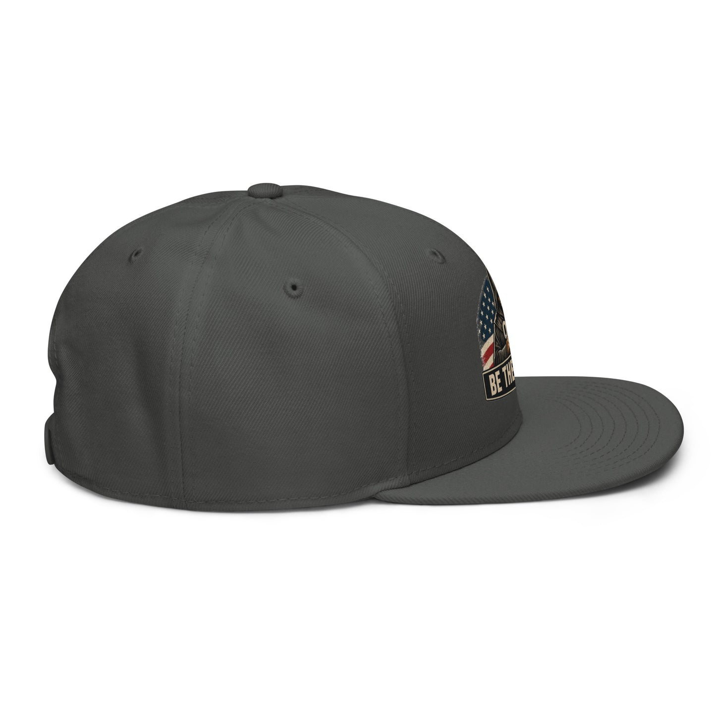 Charcoal gray Be The Monk OBDangerous embroidery snapback hat shown from the right side, designed for gym and street style.