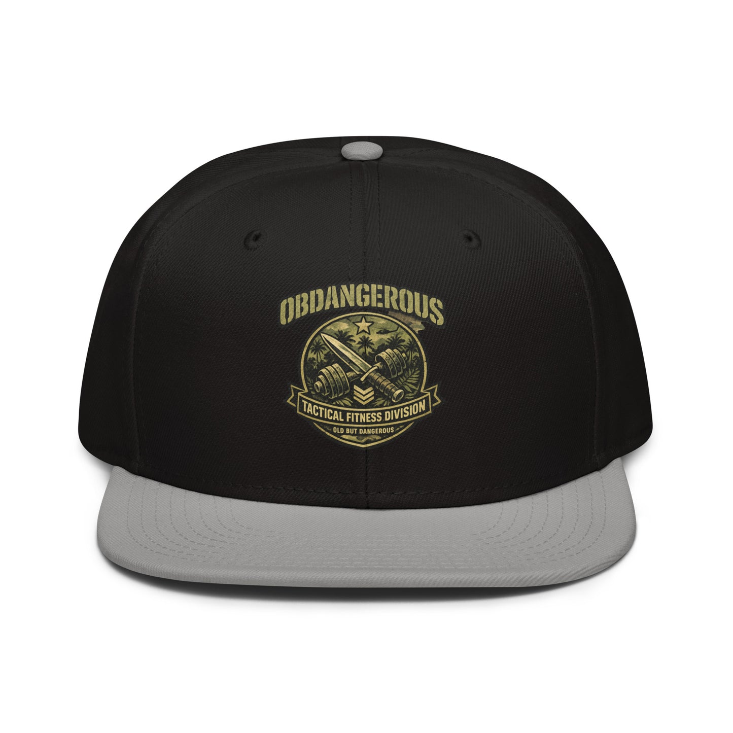 Gray and black OB DANGEROUS tactical fitness division shield snapback hat with embroidered design, suitable for gym and streetwear.