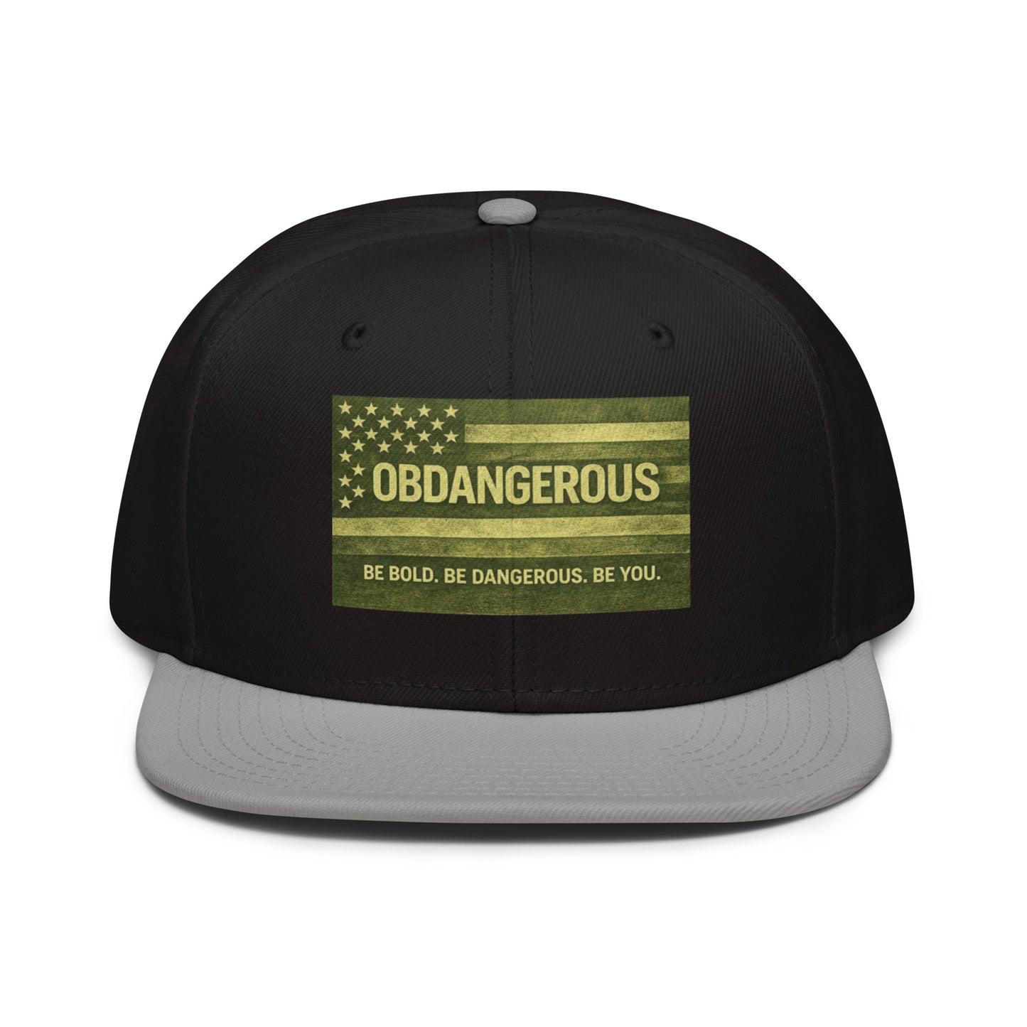 Gray and black embroidered snapback hat by OB DANGEROUS, featuring a stylish front design for gym and streetwear.