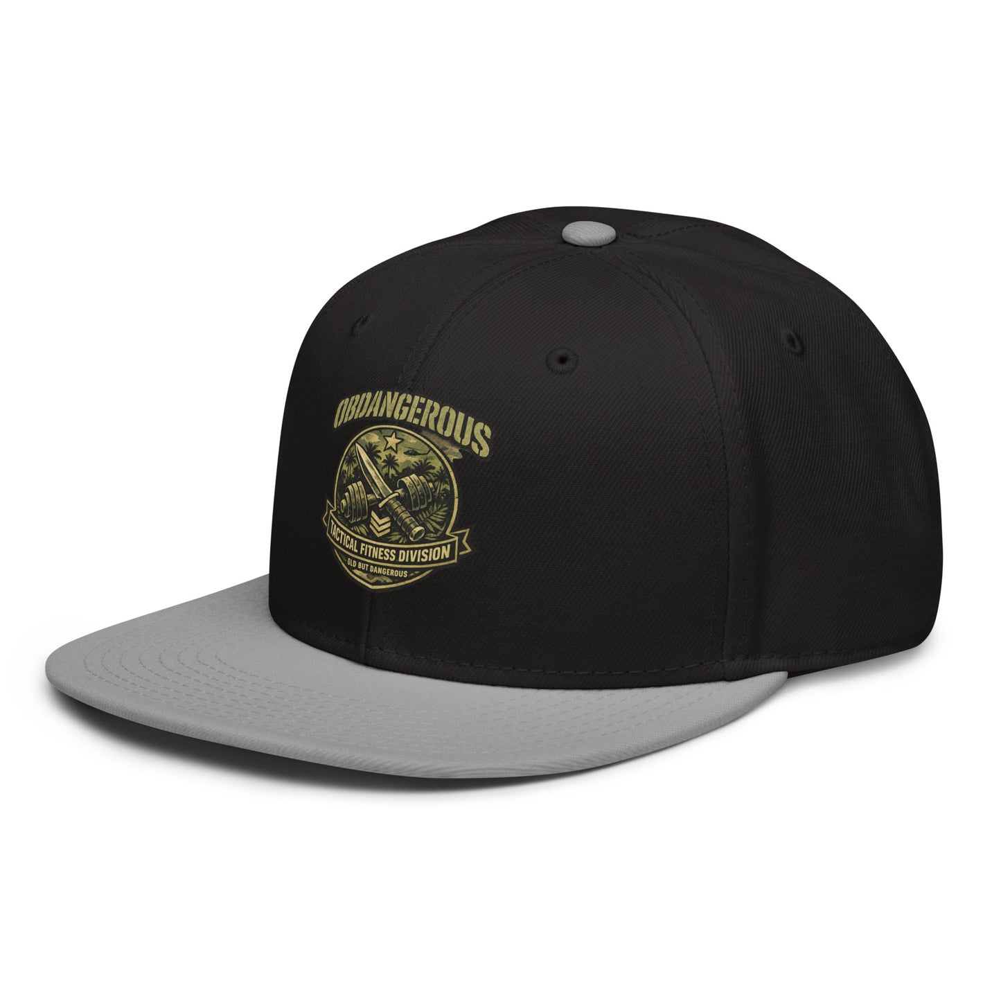 Gray and black embroidered tactical fitness division shield snapback hat by OB DANGEROUS, stylish for gym and street wear.