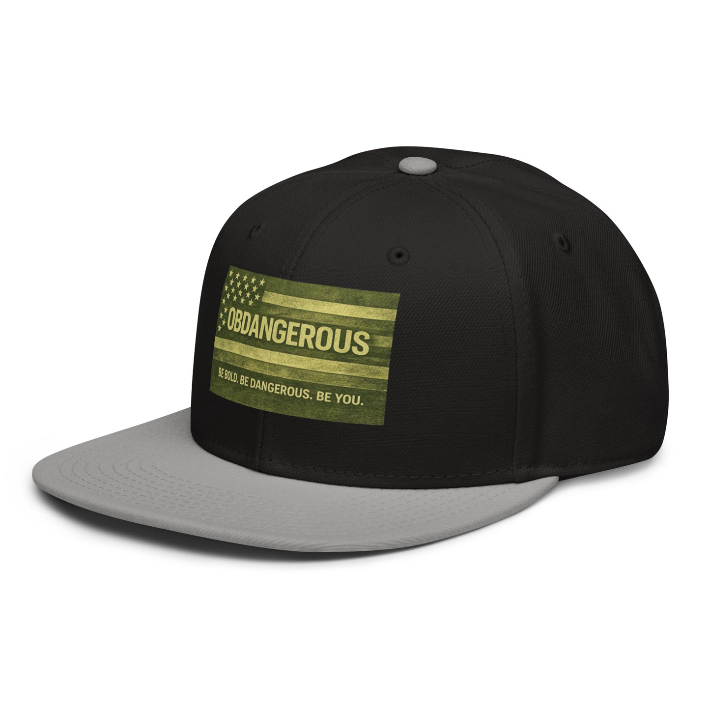 Gray and black embroidered snapback hat by OB DANGEROUS featuring a front design, suitable for gym and streetwear styles.