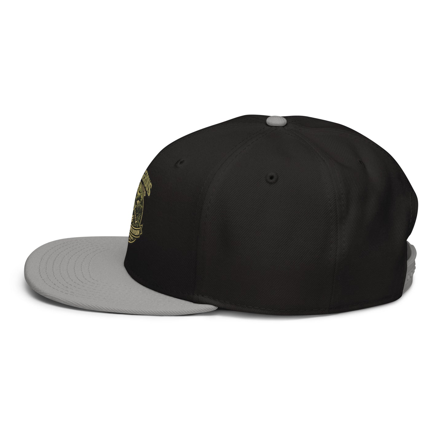Gray and black embroidered snapback hat featuring Tactical Fitness Division Shield design, ideal for gym and streetwear by OB DANGEROUS.
