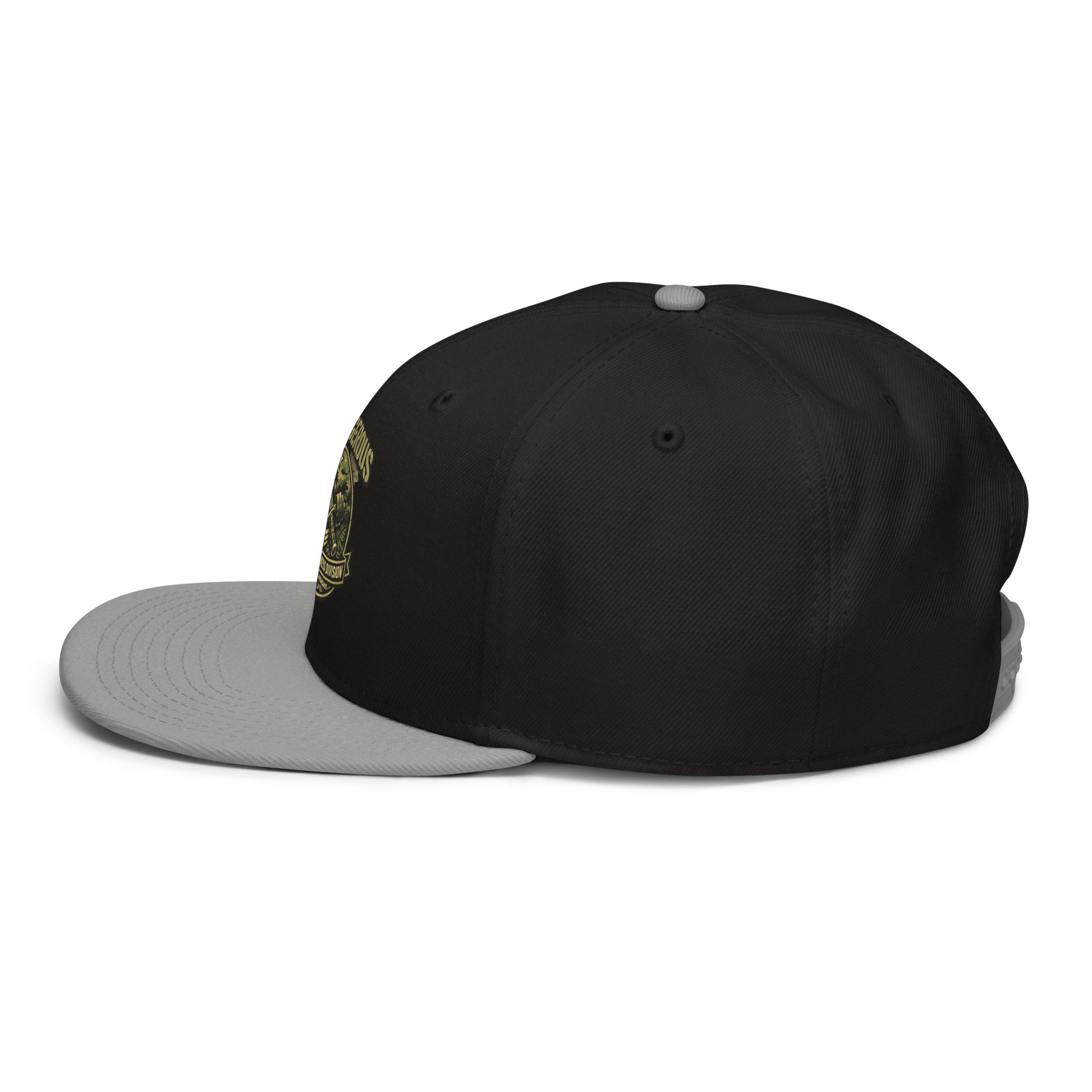 Gray and black embroidered snapback hat featuring Tactical Fitness Division Shield design, ideal for gym and streetwear by OB DANGEROUS.