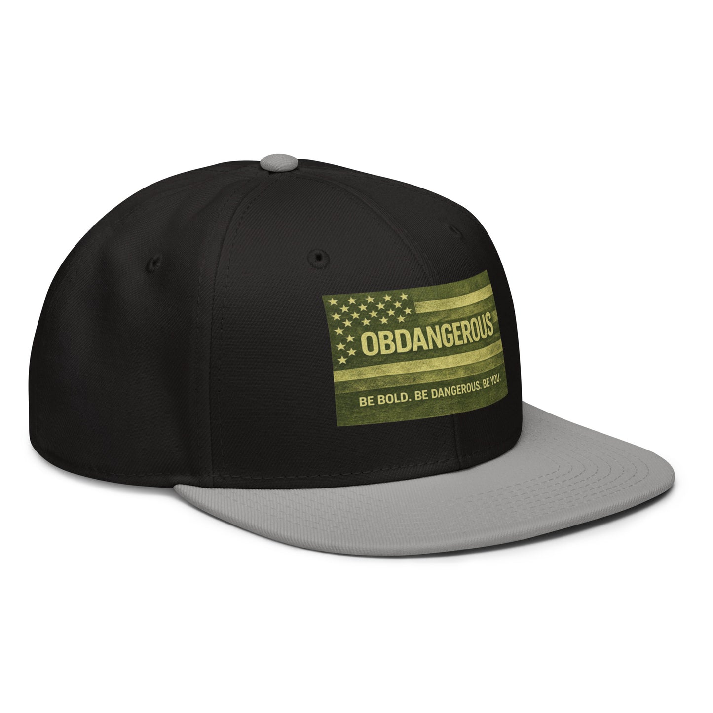Gray and black embroidered snapback hat by OB DANGEROUS, featuring a stylish design for gym and streetwear.