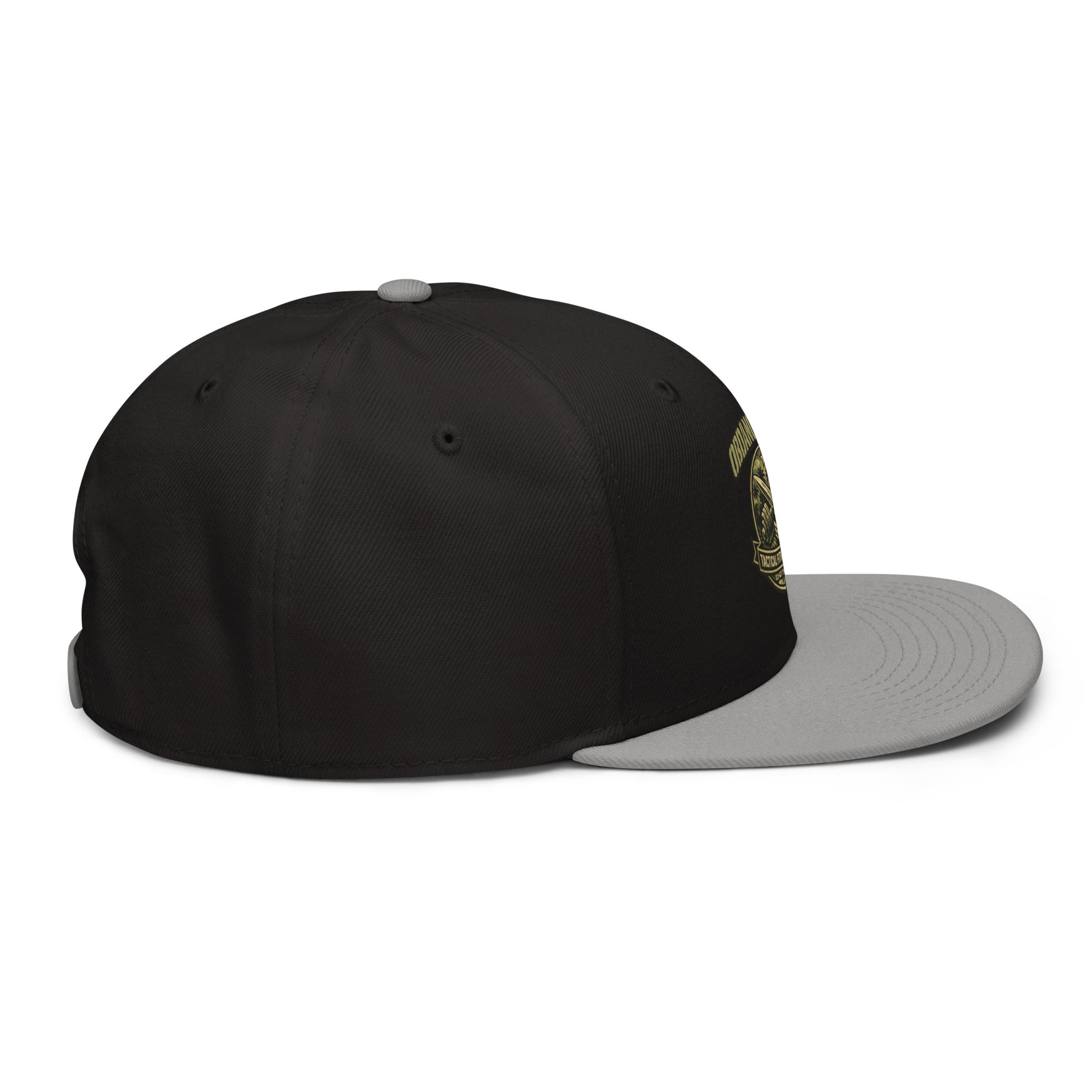 Gray and black embroidered OB DANGEROUS Tactical Fitness Division Shield snapback hat showing side view, designed for gym and streetwear.