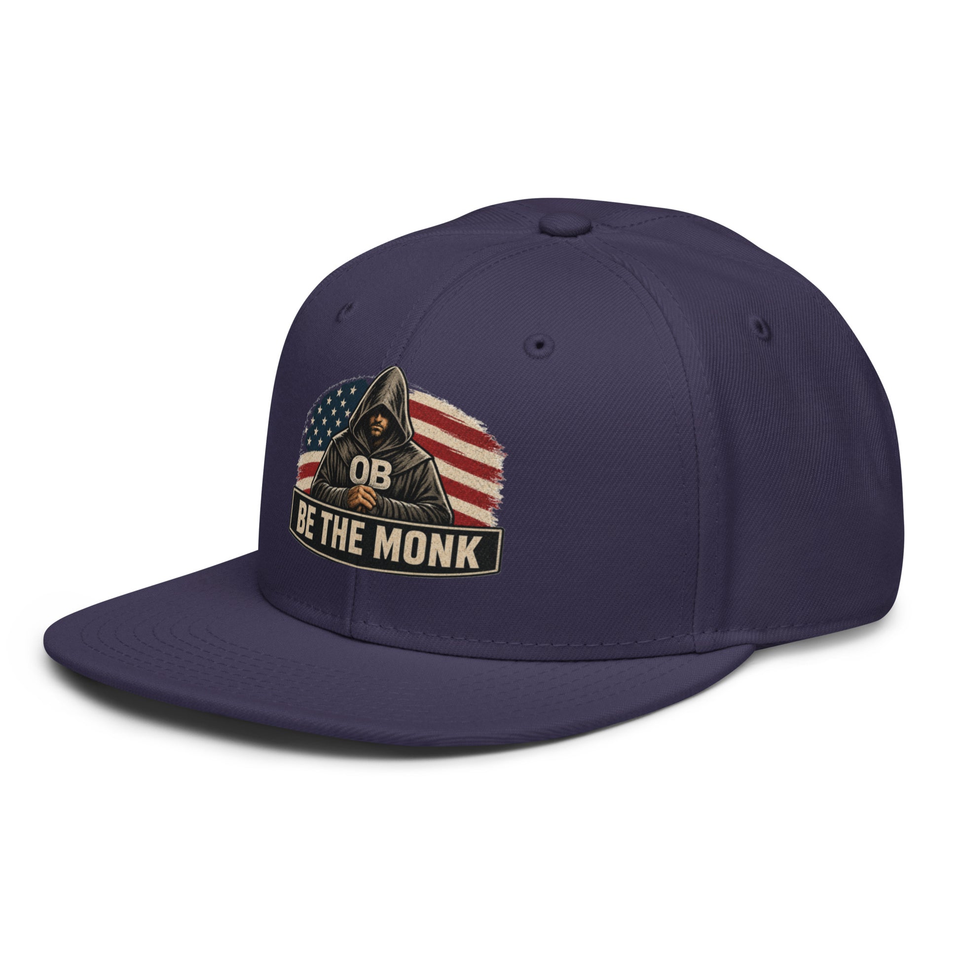 Navy blue OB DANGEROUS snapback hat with embroidered "Be The Monk" logo on front, designed for gym and streetwear style.