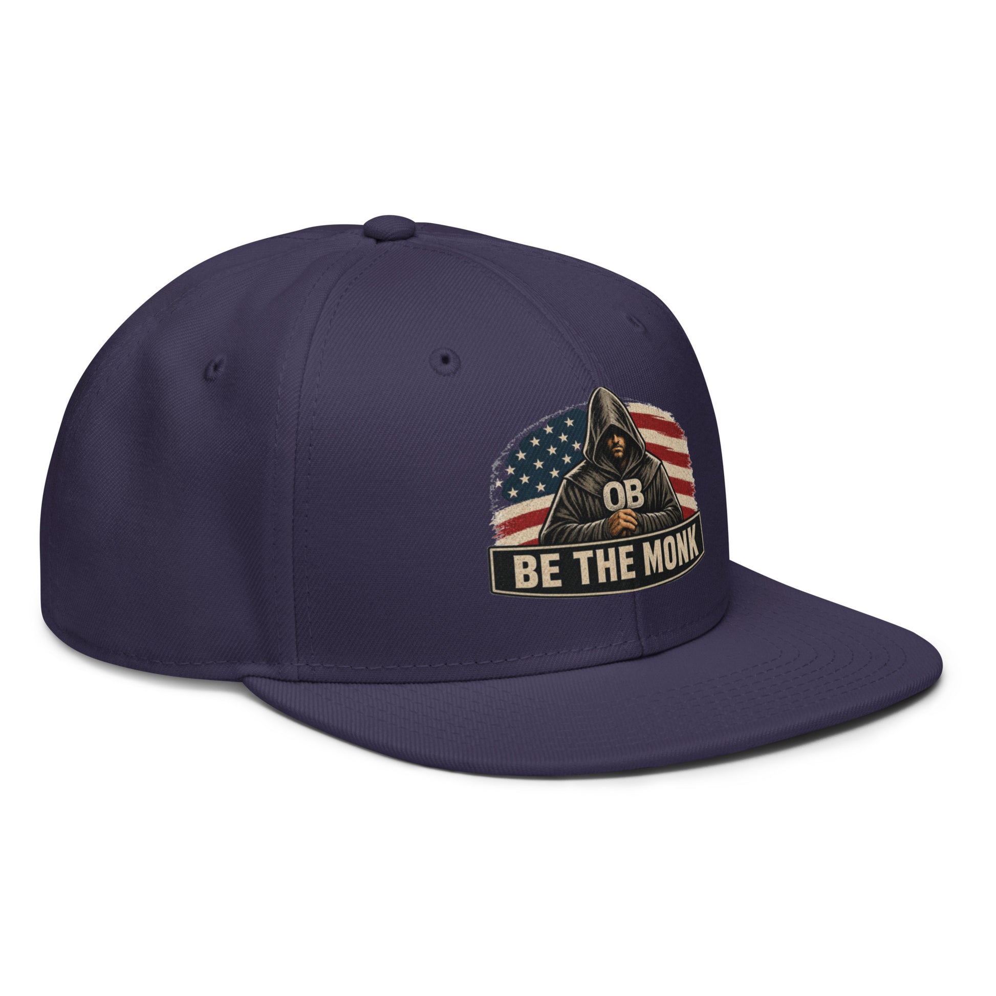 Navy blue embroidered snapback hat by OB DANGEROUS, featuring "Be The Monk" design, styled for gym and streetwear looks.