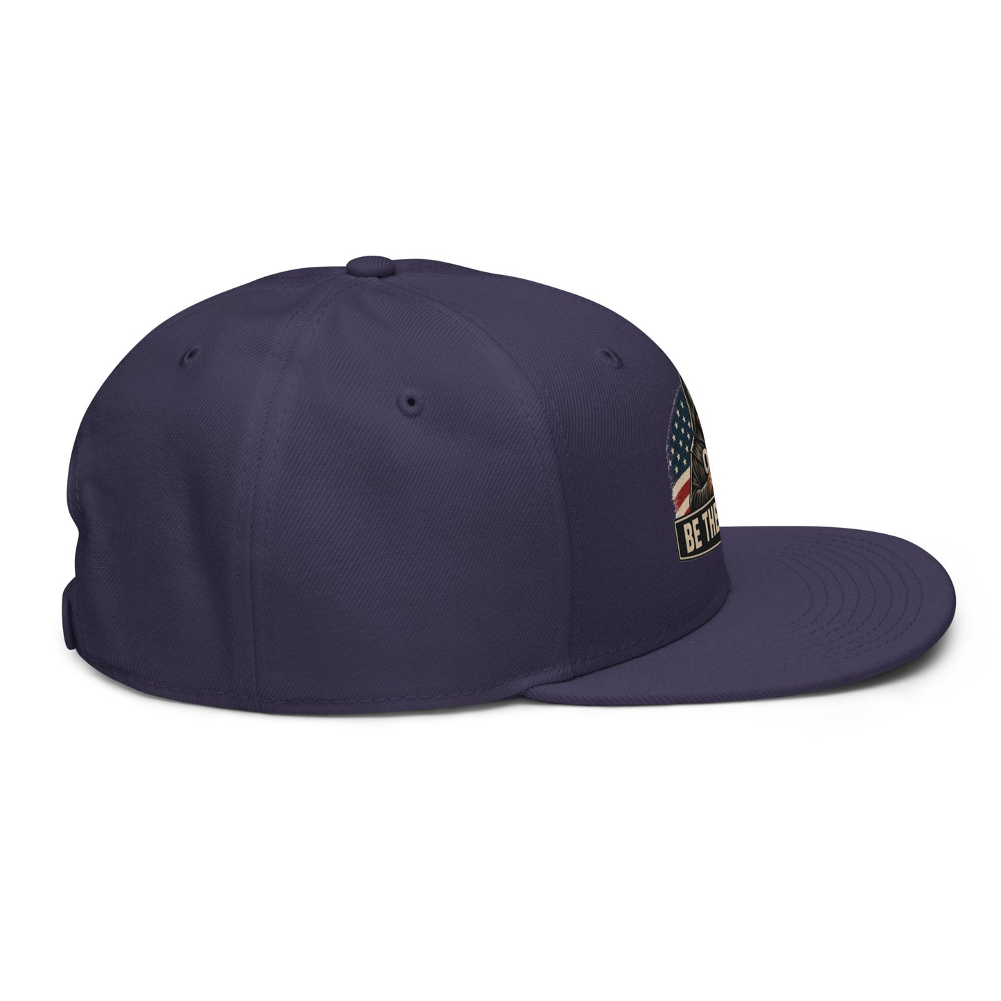 Navy blue OB DANGEROUS Be The Monk OBDangerous snapback hat with embroidery, viewed from the right side, designed for gym and streetwear.